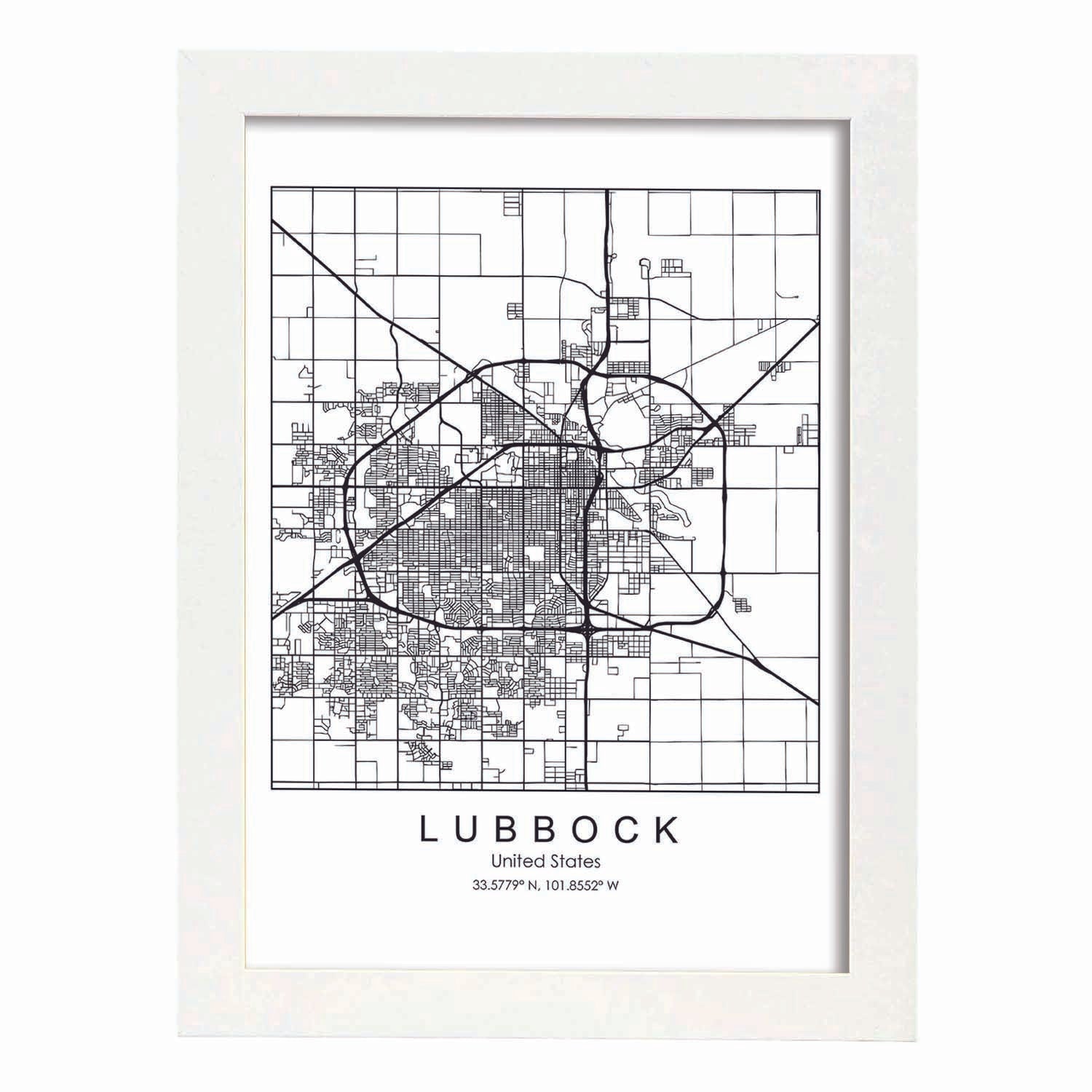 Poster con mapa de Lubbock. Lámina de Estados Unidos, con imágenes de mapas y carreteras-Artwork-Nacnic-A3-Marco Blanco-Nacnic Estudio SL
