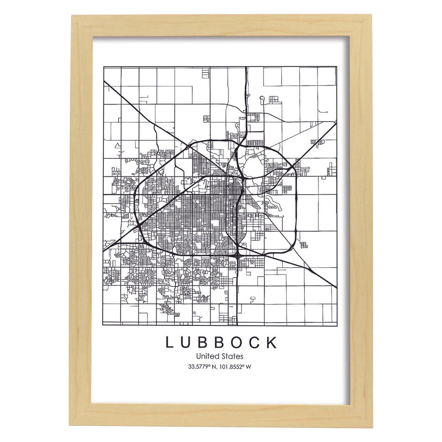 Poster con mapa de Lubbock. Lámina de Estados Unidos, con imágenes de mapas y carreteras-Artwork-Nacnic-A3-Marco Madera clara-Nacnic Estudio SL