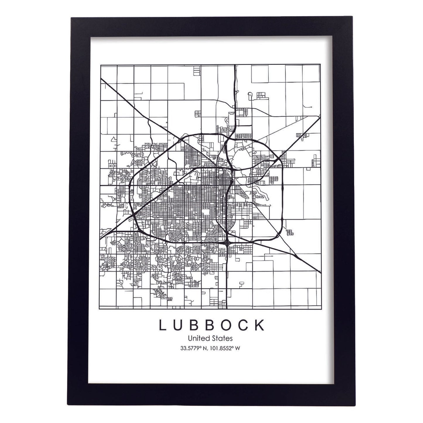Poster con mapa de Lubbock. Lámina de Estados Unidos, con imágenes de mapas y carreteras-Artwork-Nacnic-A3-Marco Negro-Nacnic Estudio SL