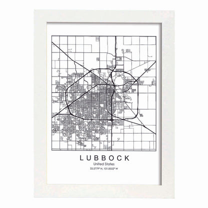 Poster con mapa de Lubbock. Lámina de Estados Unidos, con imágenes de mapas y carreteras-Artwork-Nacnic-A4-Marco Blanco-Nacnic Estudio SL