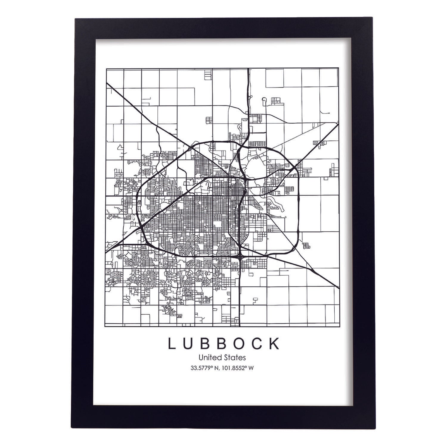 Poster con mapa de Lubbock. Lámina de Estados Unidos, con imágenes de mapas y carreteras-Artwork-Nacnic-A4-Marco Negro-Nacnic Estudio SL