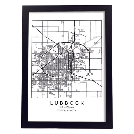 Poster con mapa de Lubbock. Lámina de Estados Unidos, con imágenes de mapas y carreteras-Artwork-Nacnic-A4-Marco Negro-Nacnic Estudio SL