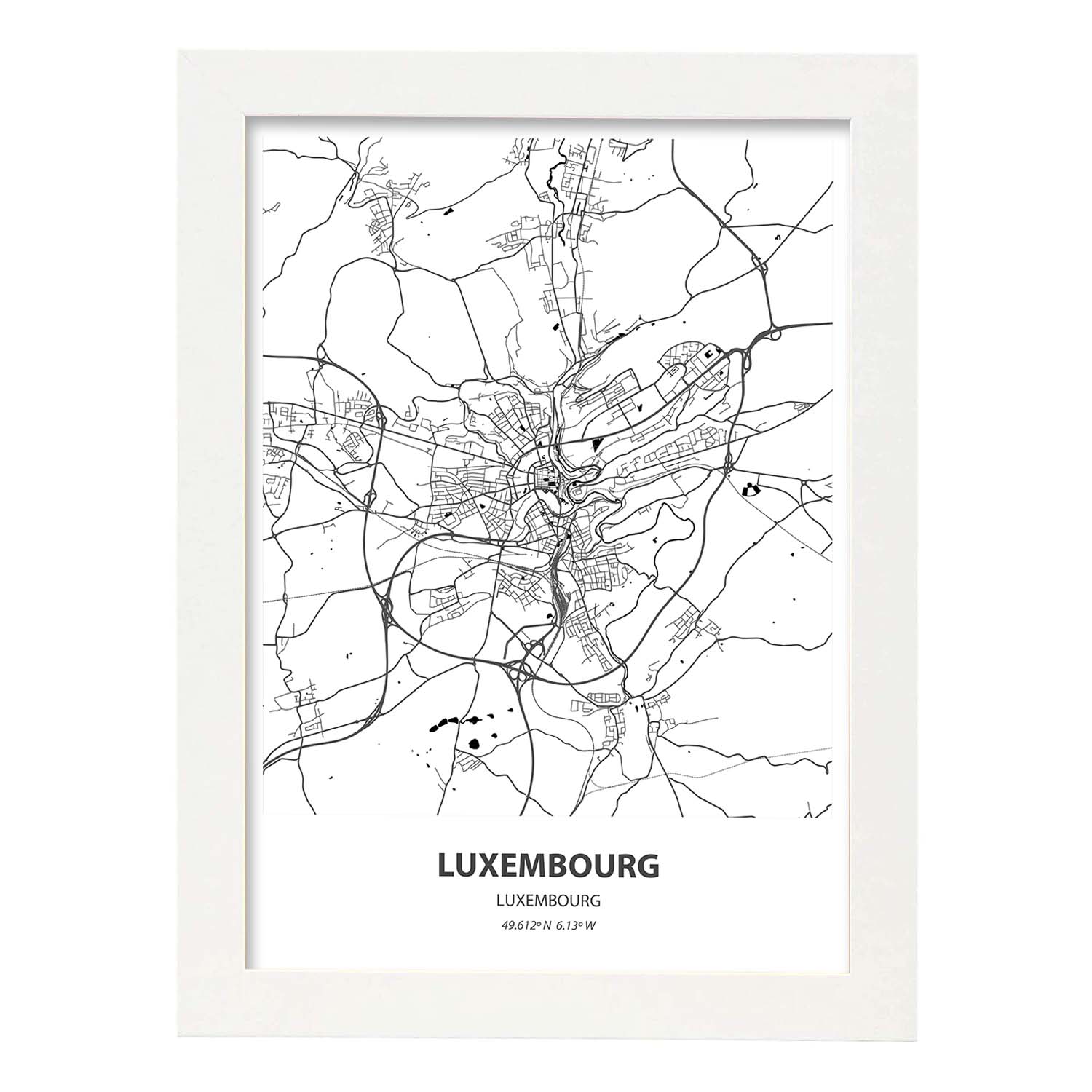 Poster con mapa de Luxemburgo - Luxemburgo. Láminas de ciudades de Europa con mares y ríos en color negro.-Artwork-Nacnic-A3-Marco Blanco-Nacnic Estudio SL