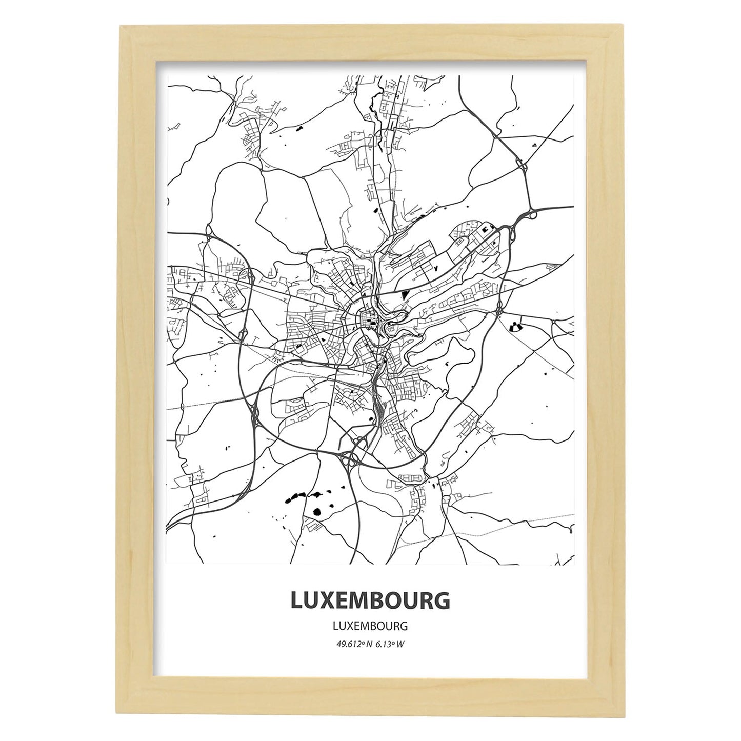 Poster con mapa de Luxemburgo - Luxemburgo. Láminas de ciudades de Europa con mares y ríos en color negro.-Artwork-Nacnic-A3-Marco Madera clara-Nacnic Estudio SL