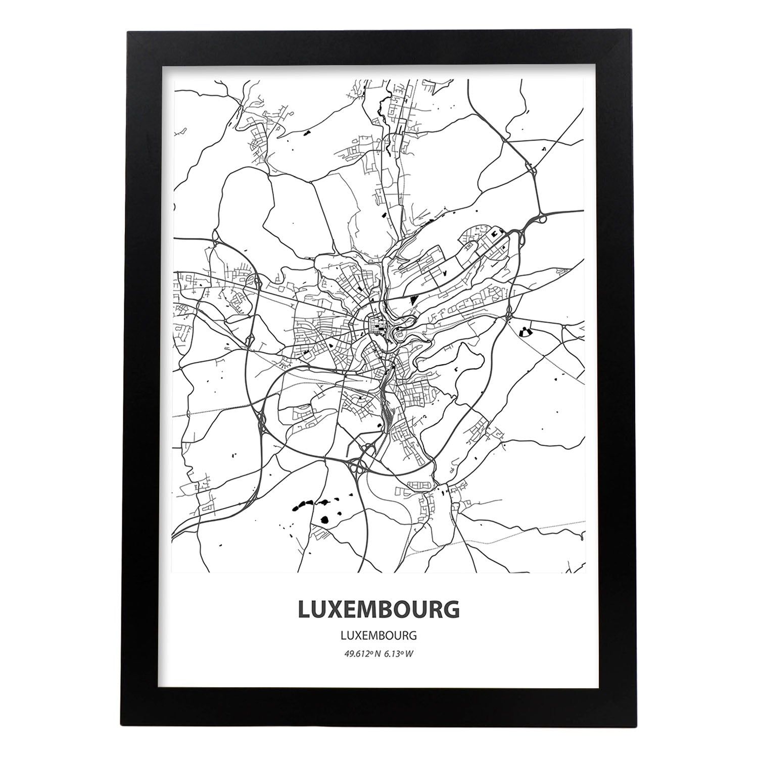 Poster con mapa de Luxemburgo - Luxemburgo. Láminas de ciudades de Europa con mares y ríos en color negro.-Artwork-Nacnic-A3-Marco Negro-Nacnic Estudio SL