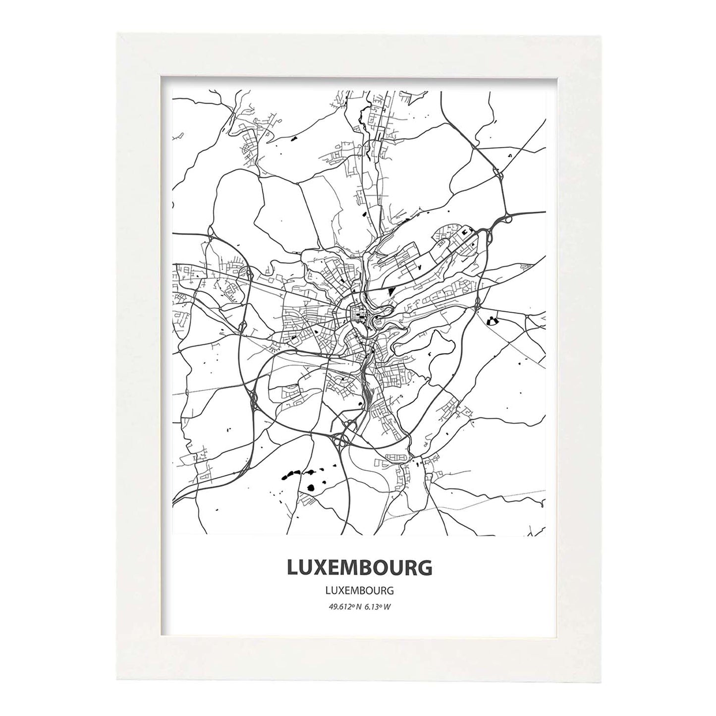Poster con mapa de Luxemburgo - Luxemburgo. Láminas de ciudades de Europa con mares y ríos en color negro.-Artwork-Nacnic-A4-Marco Blanco-Nacnic Estudio SL