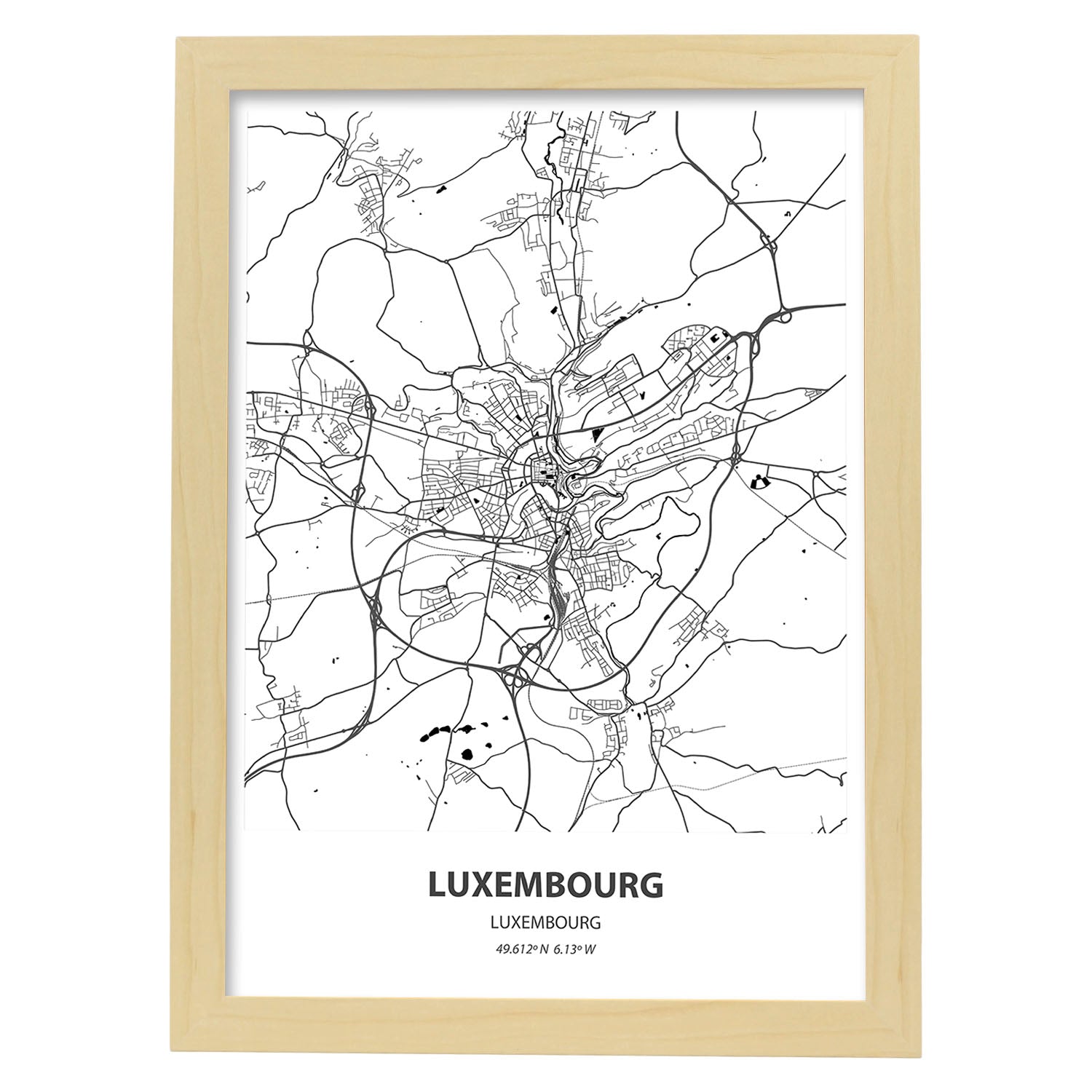Poster con mapa de Luxemburgo - Luxemburgo. Láminas de ciudades de Europa con mares y ríos en color negro.-Artwork-Nacnic-A4-Marco Madera clara-Nacnic Estudio SL