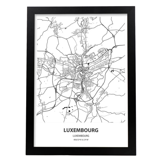 Poster con mapa de Luxemburgo - Luxemburgo. Láminas de ciudades de Europa con mares y ríos en color negro.-Artwork-Nacnic-A4-Marco Negro-Nacnic Estudio SL