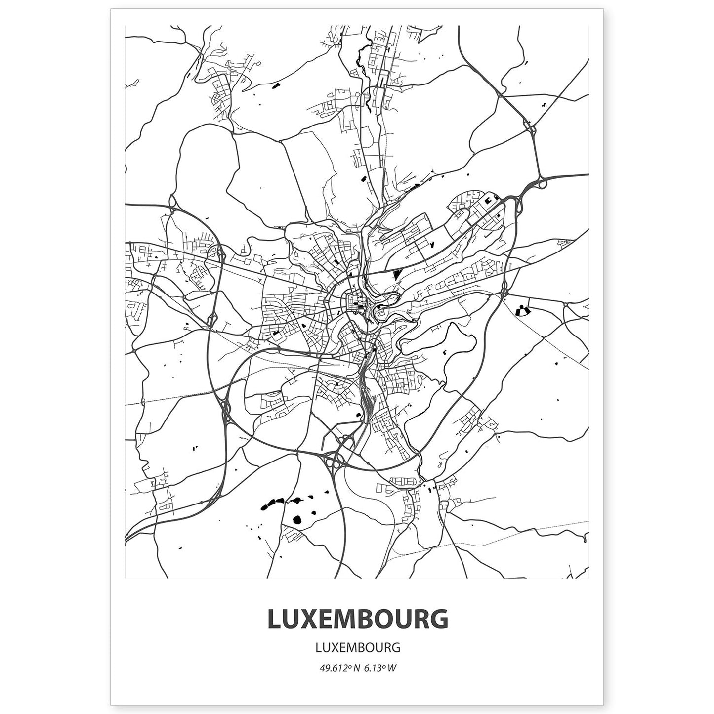 Poster con mapa de Luxemburgo - Luxemburgo. Láminas de ciudades de Europa con mares y ríos en color negro.-Artwork-Nacnic-A4-Sin marco-Nacnic Estudio SL