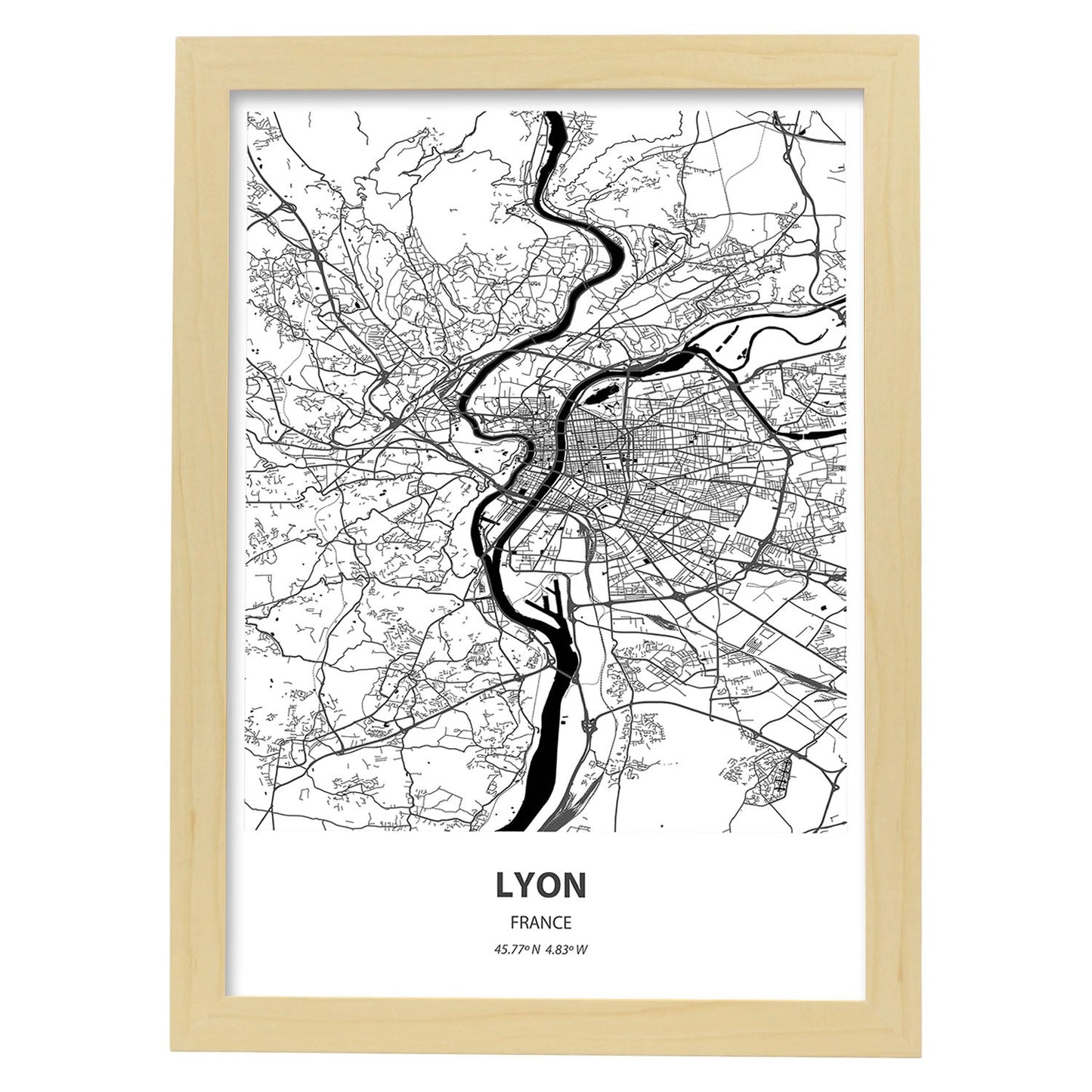 Poster con mapa de Lyon - Francia. Láminas de ciudades de Francia con mares y ríos en color negro.-Artwork-Nacnic-A3-Marco Madera clara-Nacnic Estudio SL