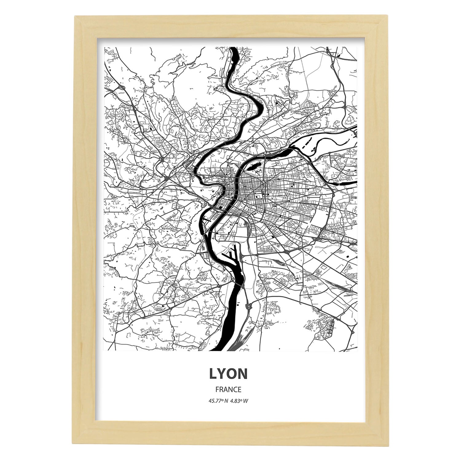 Poster con mapa de Lyon - Francia. Láminas de ciudades de Francia con mares y ríos en color negro.-Artwork-Nacnic-A3-Marco Madera clara-Nacnic Estudio SL