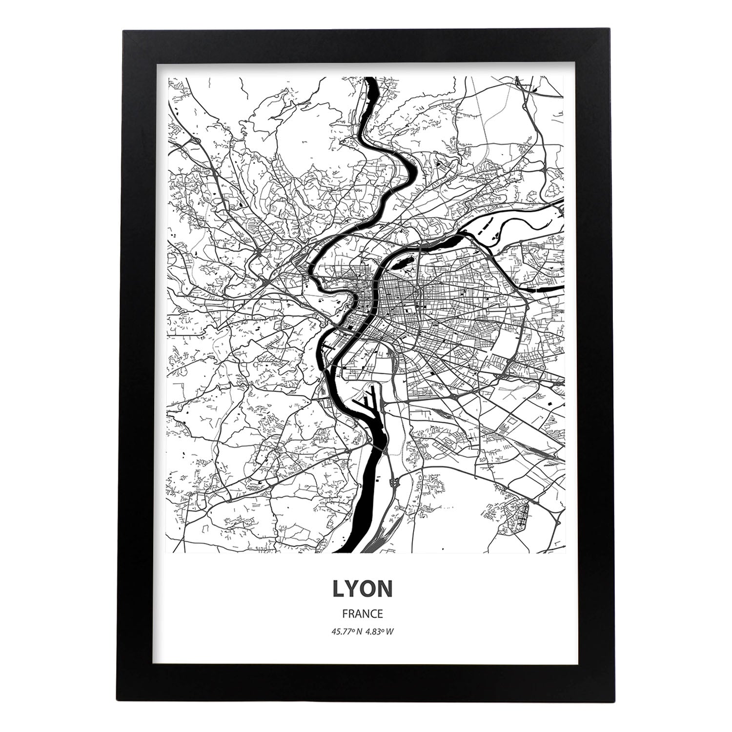 Poster con mapa de Lyon - Francia. Láminas de ciudades de Francia con mares y ríos en color negro.-Artwork-Nacnic-A3-Marco Negro-Nacnic Estudio SL