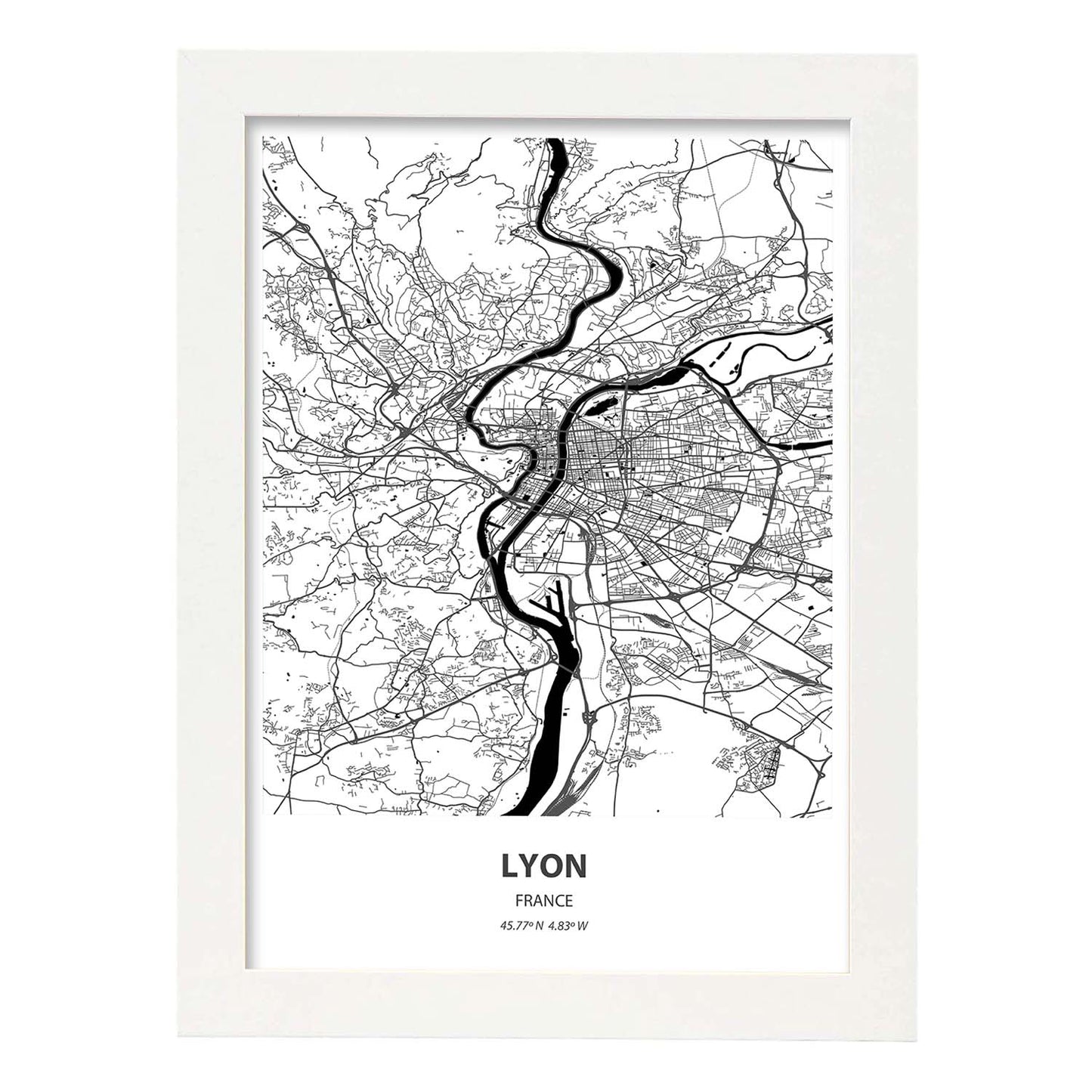 Poster con mapa de Lyon - Francia. Láminas de ciudades de Francia con mares y ríos en color negro.-Artwork-Nacnic-A4-Marco Blanco-Nacnic Estudio SL