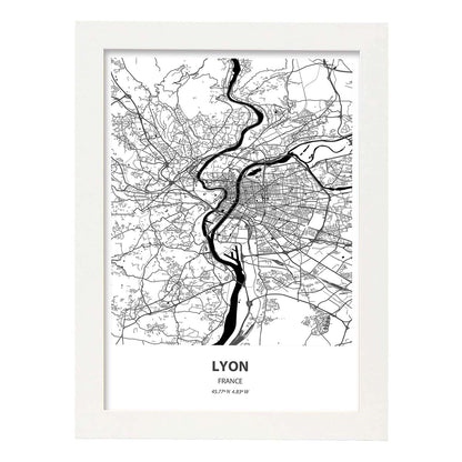 Poster con mapa de Lyon - Francia. Láminas de ciudades de Francia con mares y ríos en color negro.-Artwork-Nacnic-A4-Marco Blanco-Nacnic Estudio SL