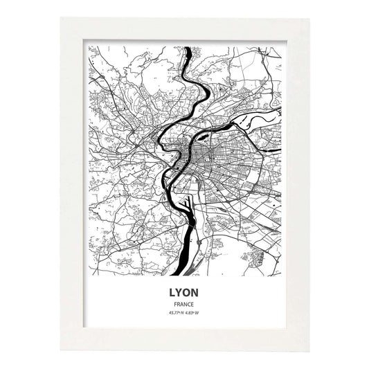 Poster con mapa de Lyon - Francia. Láminas de ciudades de Francia con mares y ríos en color negro.-Artwork-Nacnic-A4-Marco Blanco-Nacnic Estudio SL