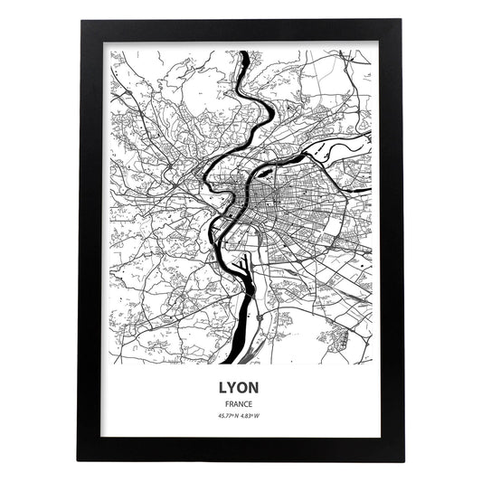 Poster con mapa de Lyon - Francia. Láminas de ciudades de Francia con mares y ríos en color negro.-Artwork-Nacnic-A4-Marco Negro-Nacnic Estudio SL