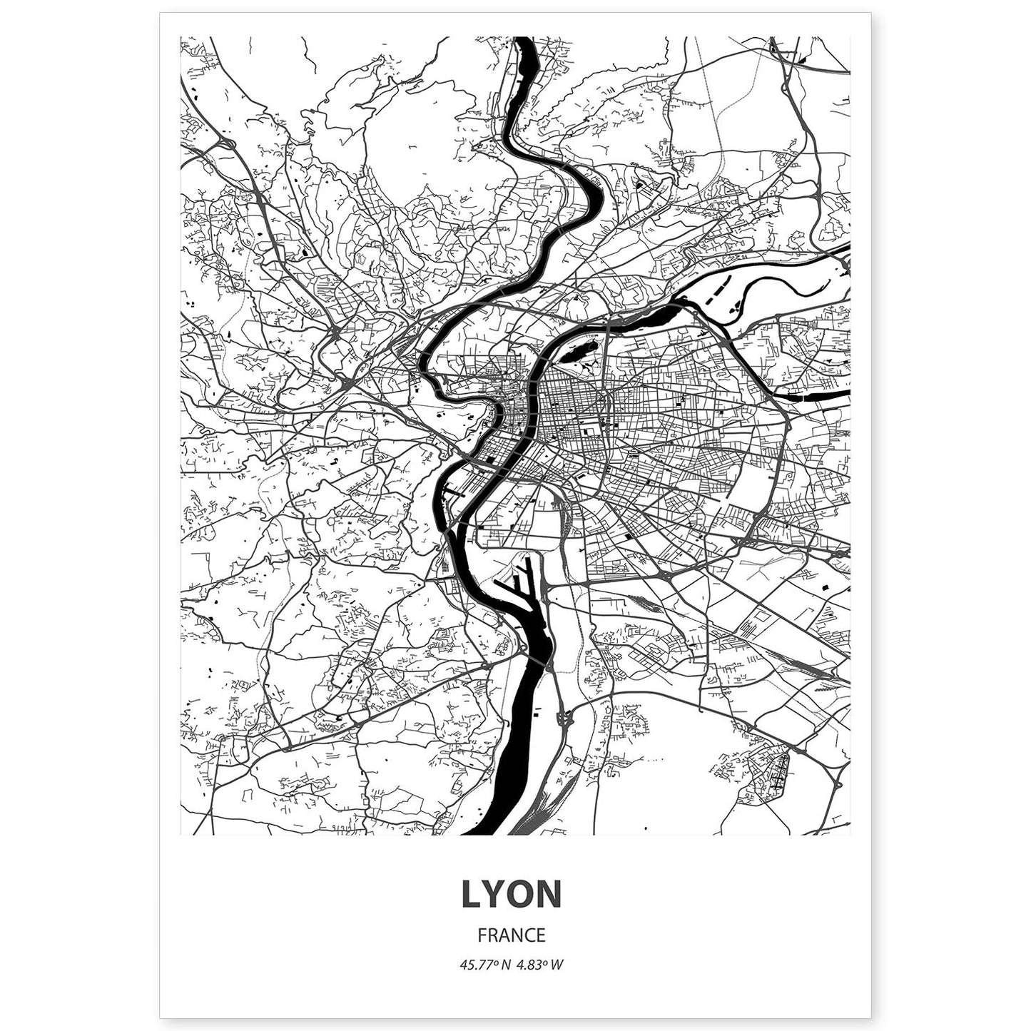 Poster con mapa de Lyon - Francia. Láminas de ciudades de Francia con mares y ríos en color negro.-Artwork-Nacnic-A4-Sin marco-Nacnic Estudio SL