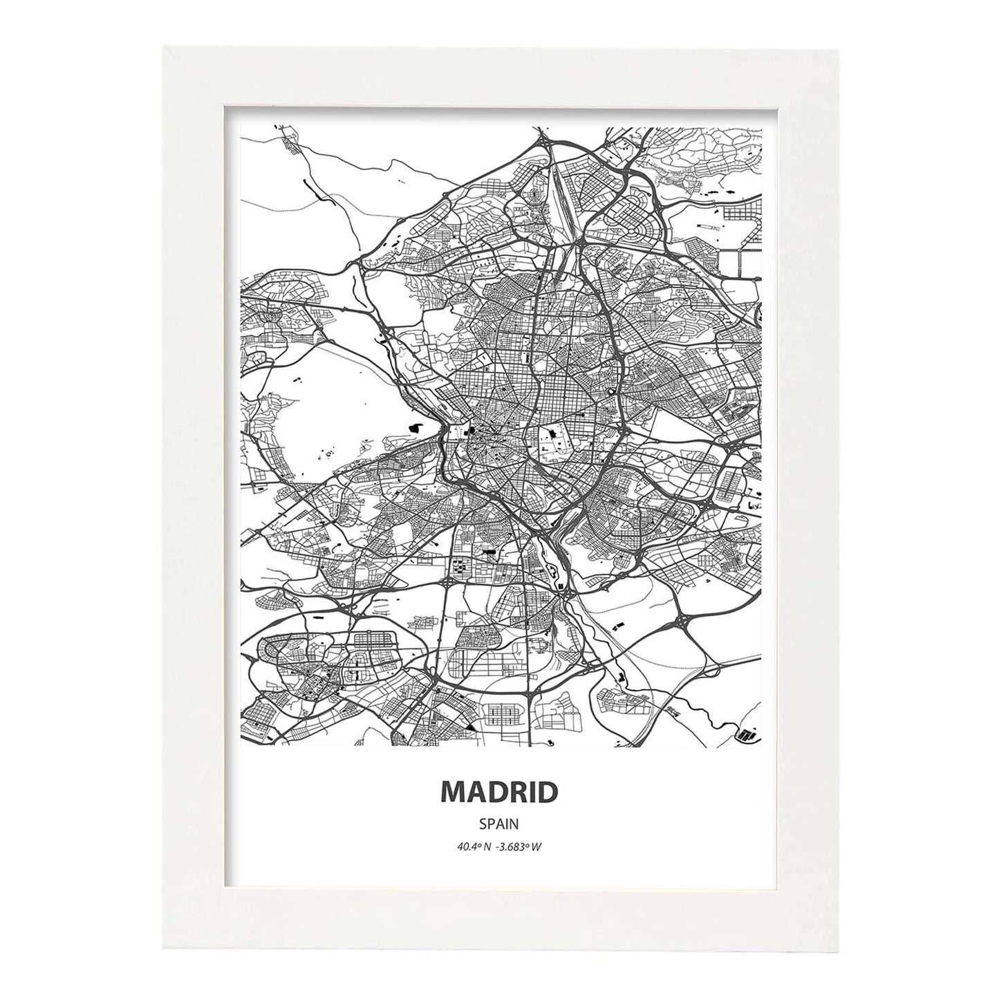 Poster con mapa de Madrid - España. Láminas de ciudades de España con mares y ríos en color negro.-Artwork-Nacnic-A3-Marco Blanco-Nacnic Estudio SL