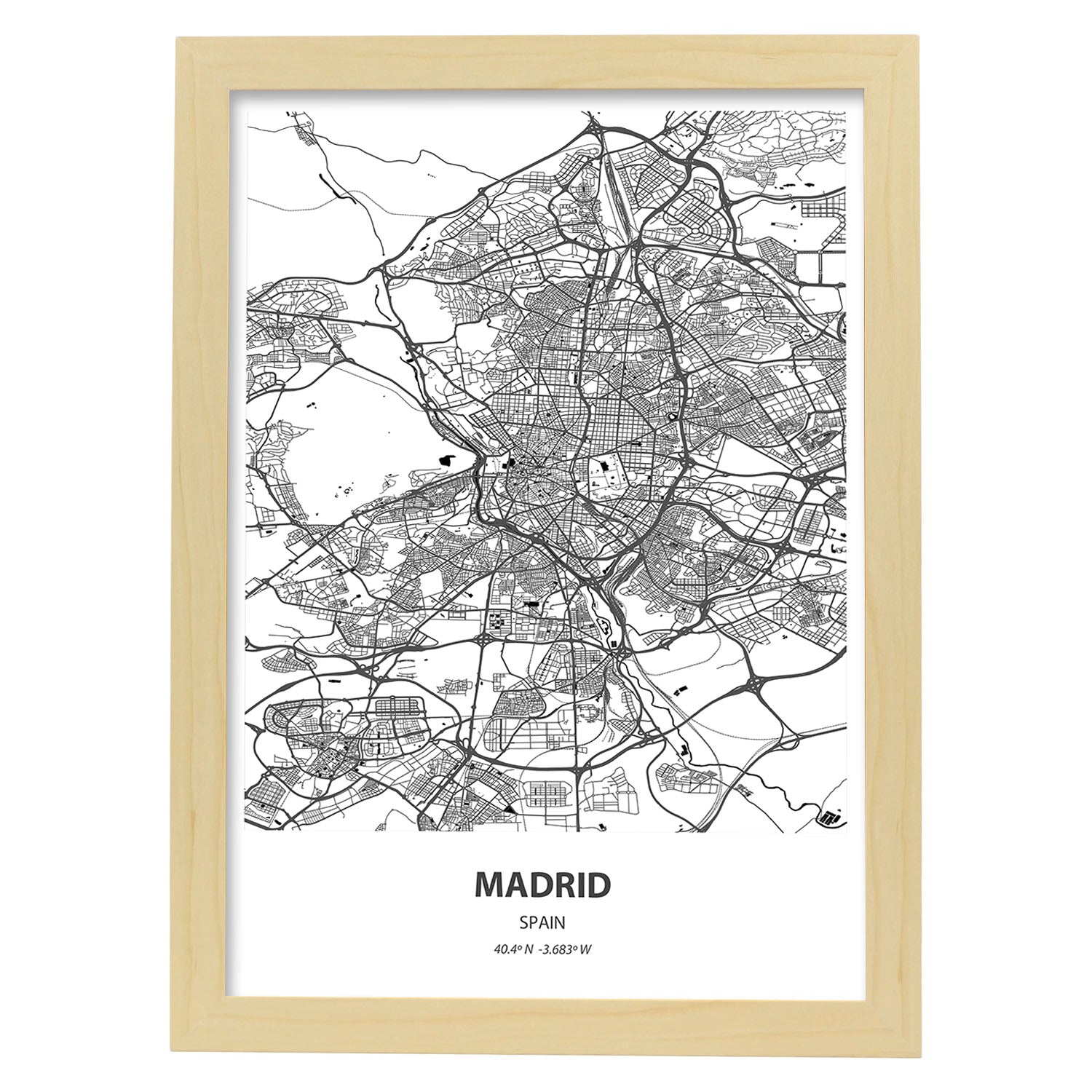 Poster con mapa de Madrid - España. Láminas de ciudades de España con mares y ríos en color negro.-Artwork-Nacnic-A3-Marco Madera clara-Nacnic Estudio SL