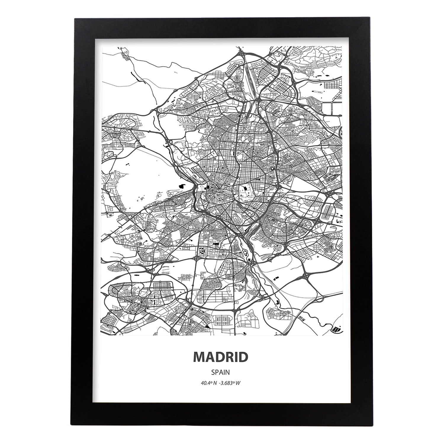 Poster con mapa de Madrid - España. Láminas de ciudades de España con mares y ríos en color negro.-Artwork-Nacnic-A3-Marco Negro-Nacnic Estudio SL