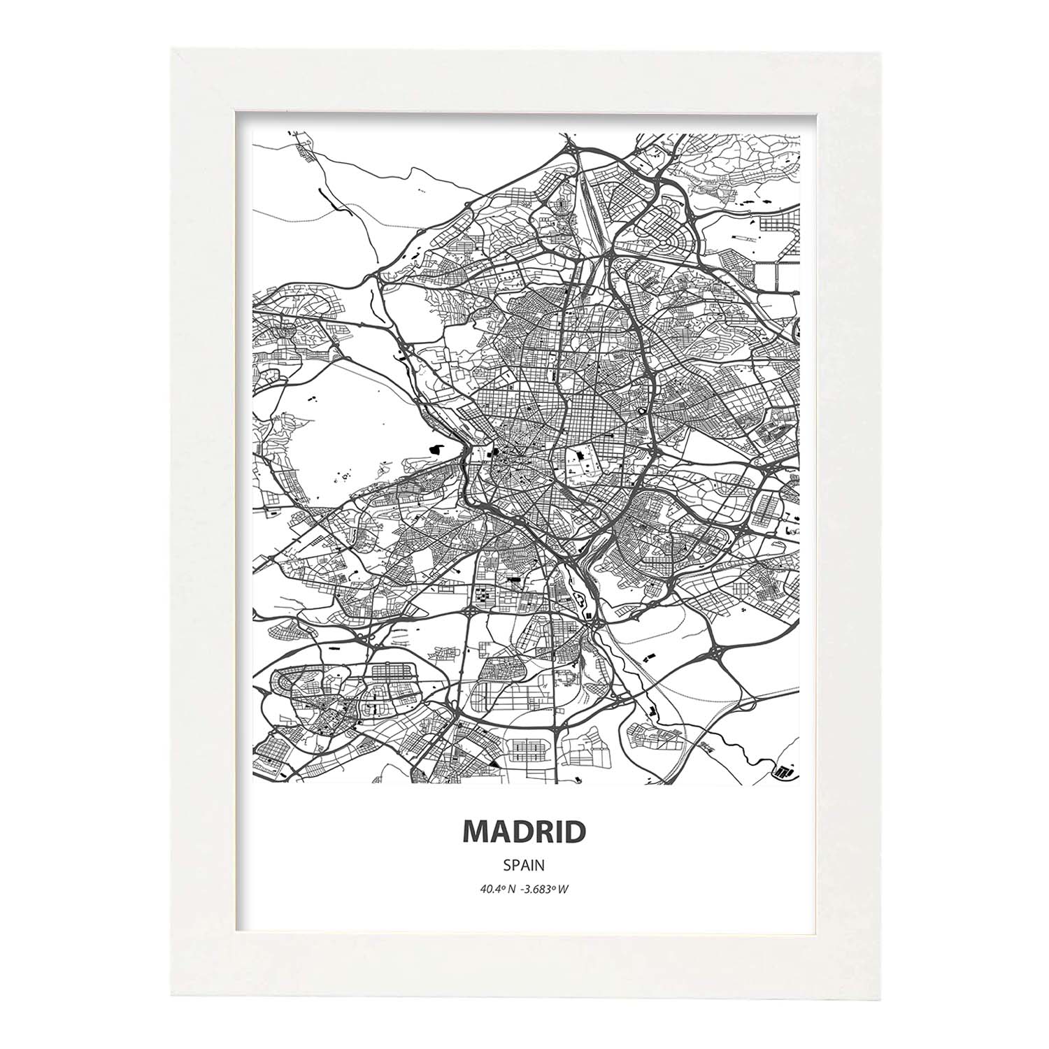 Poster con mapa de Madrid - España. Láminas de ciudades de España con mares y ríos en color negro.-Artwork-Nacnic-A4-Marco Blanco-Nacnic Estudio SL