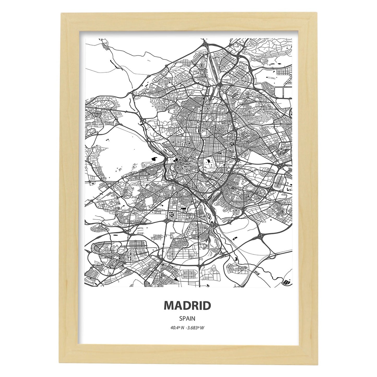 Poster con mapa de Madrid - España. Láminas de ciudades de España con mares y ríos en color negro.-Artwork-Nacnic-A4-Marco Madera clara-Nacnic Estudio SL