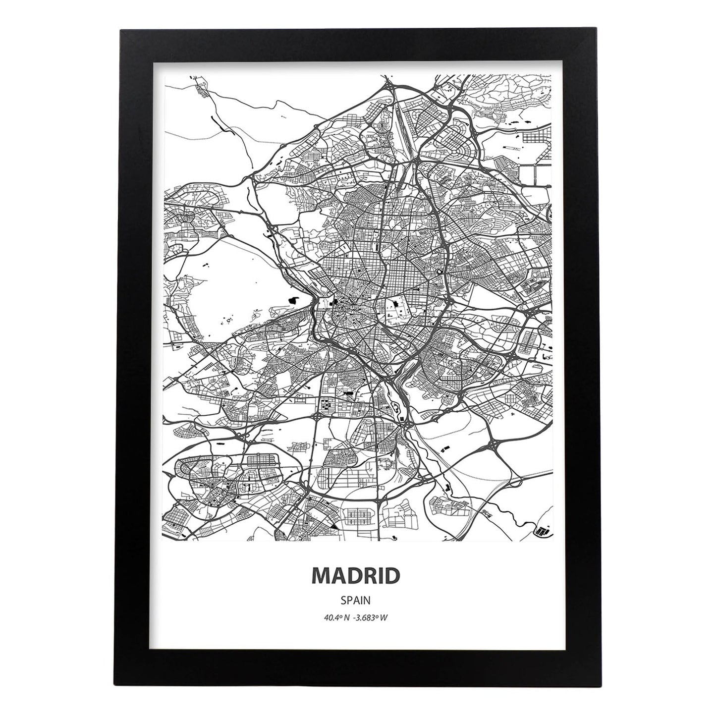 Poster con mapa de Madrid - España. Láminas de ciudades de España con mares y ríos en color negro.-Artwork-Nacnic-A4-Marco Negro-Nacnic Estudio SL
