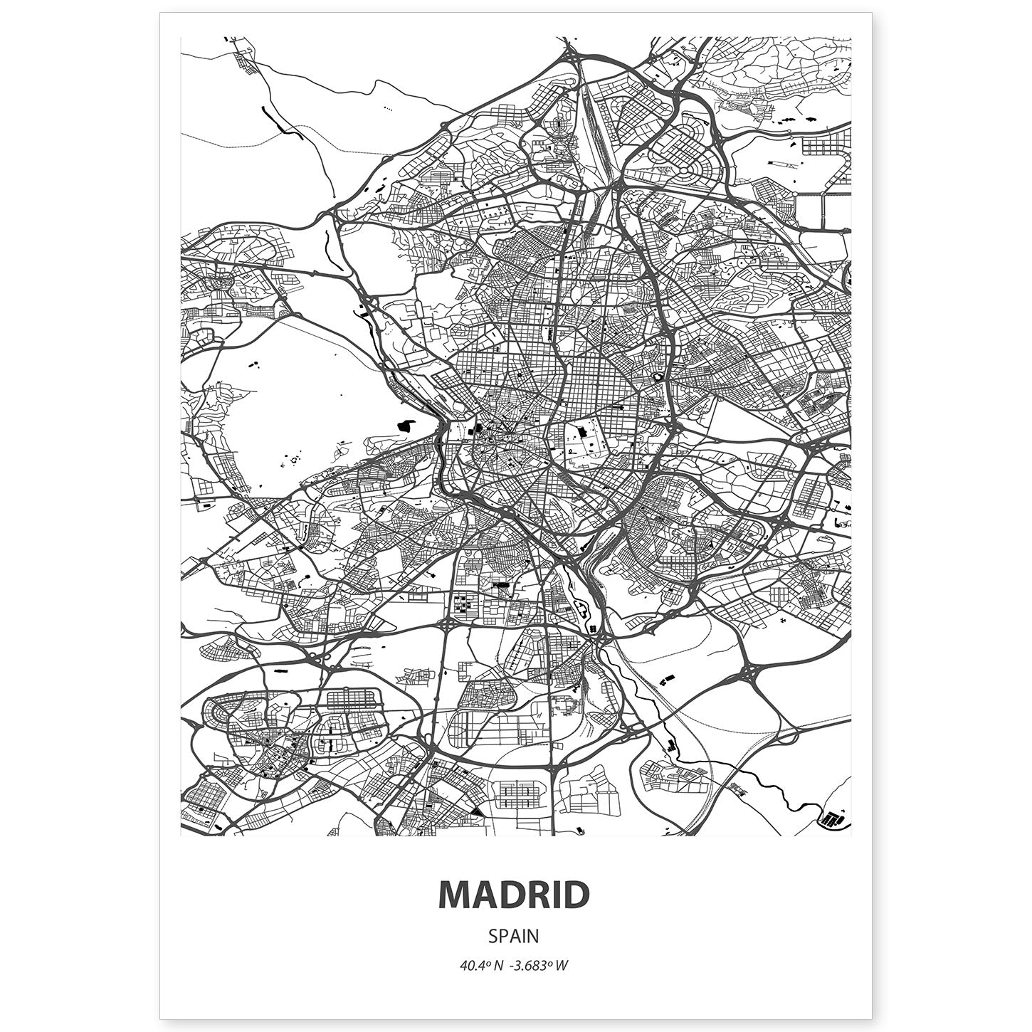 Poster con mapa de Madrid - España. Láminas de ciudades de España con mares y ríos en color negro.-Artwork-Nacnic-A4-Sin marco-Nacnic Estudio SL