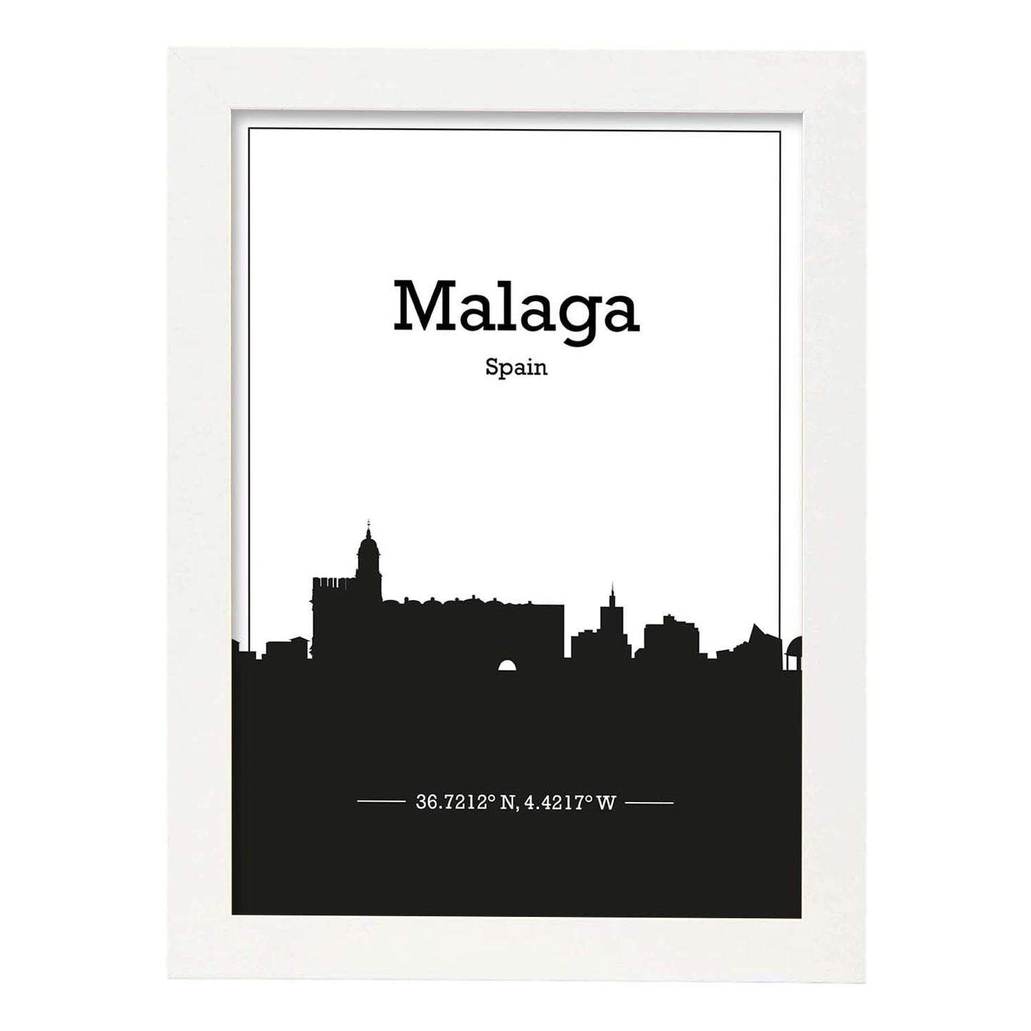 Poster con mapa de Malaga - España. Láminas con Skyline de ciudades de Europa con sombra negra.-Artwork-Nacnic-A3-Marco Blanco-Nacnic Estudio SL