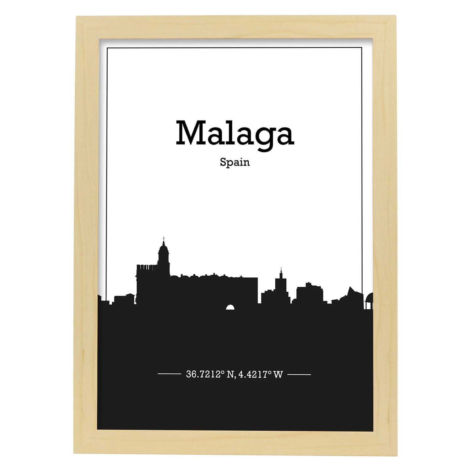 Poster con mapa de Malaga - España. Láminas con Skyline de ciudades de Europa con sombra negra.-Artwork-Nacnic-A3-Marco Madera clara-Nacnic Estudio SL