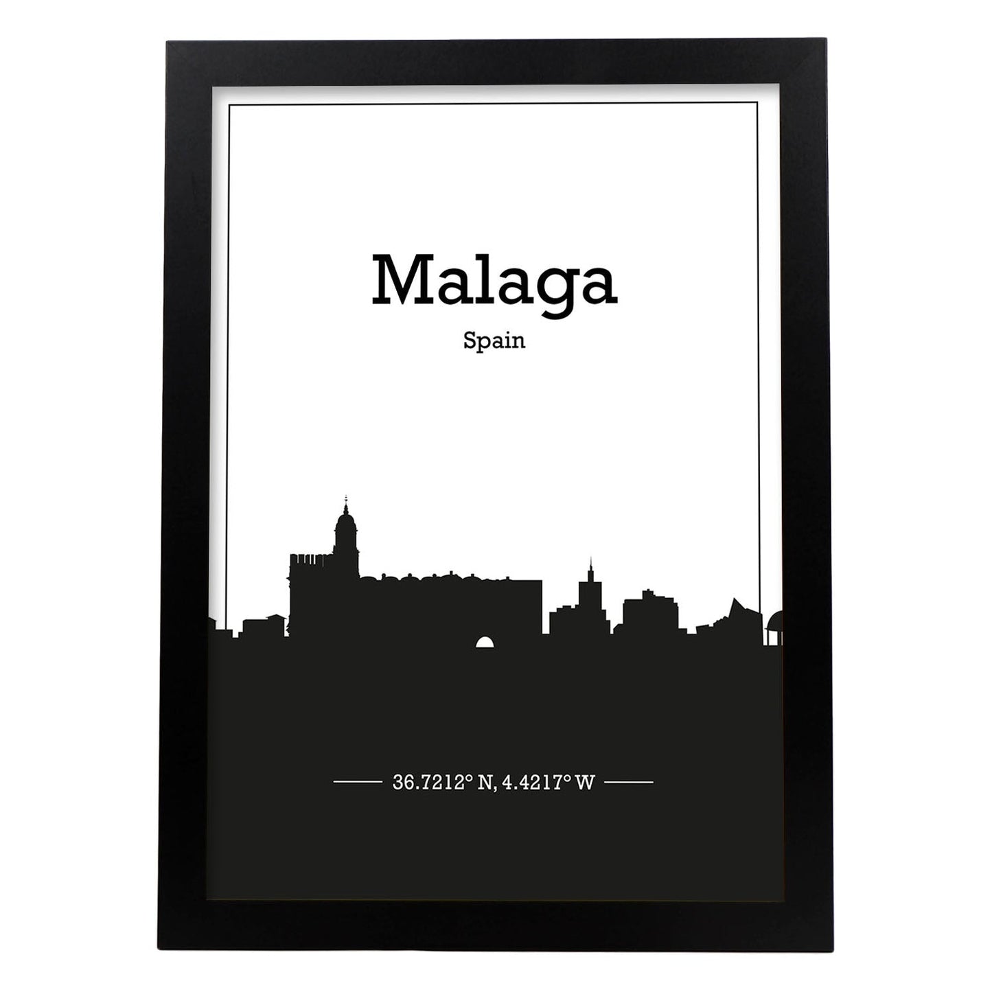 Poster con mapa de Malaga - España. Láminas con Skyline de ciudades de Europa con sombra negra.-Artwork-Nacnic-A3-Marco Negro-Nacnic Estudio SL