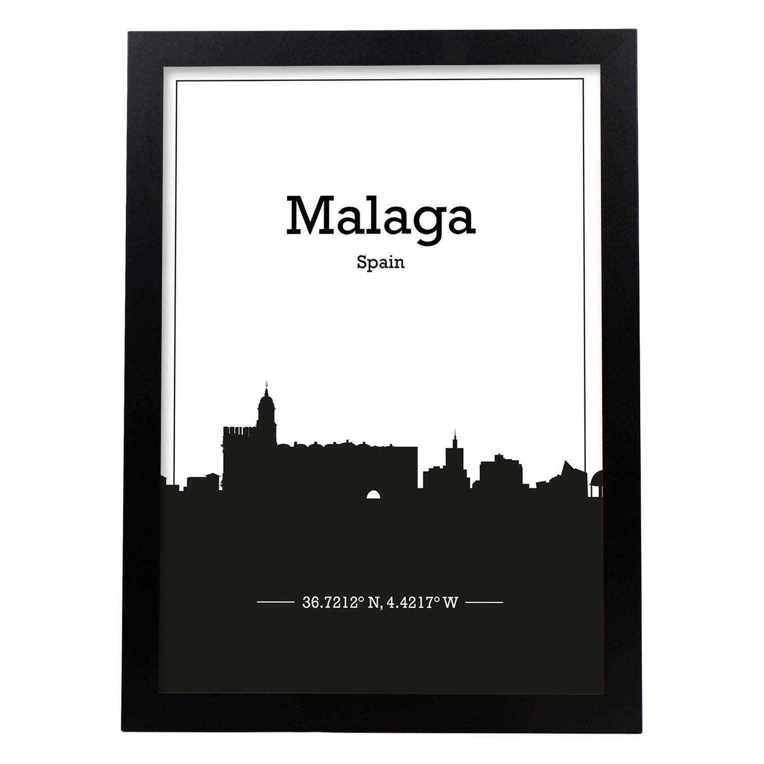 Poster con mapa de Malaga - España. Láminas con Skyline de ciudades de Europa con sombra negra.-Artwork-Nacnic-A4-Marco Negro-Nacnic Estudio SL