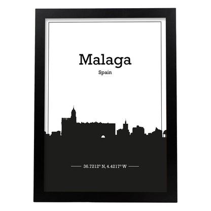 Poster con mapa de Malaga - España. Láminas con Skyline de ciudades de Europa con sombra negra.-Artwork-Nacnic-A4-Marco Negro-Nacnic Estudio SL