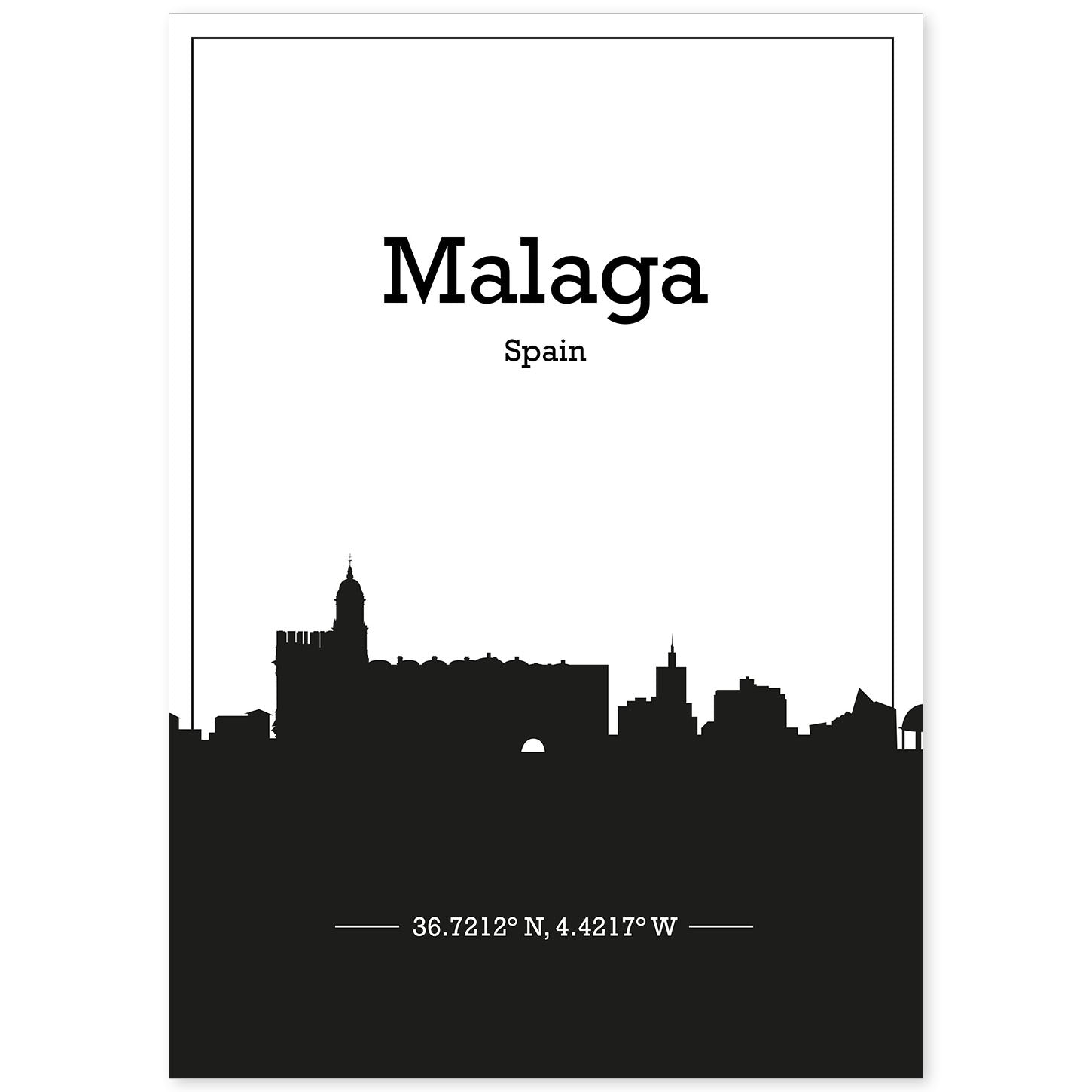 Poster con mapa de Malaga - España. Láminas con Skyline de ciudades de Europa con sombra negra.-Artwork-Nacnic-A4-Sin marco-Nacnic Estudio SL