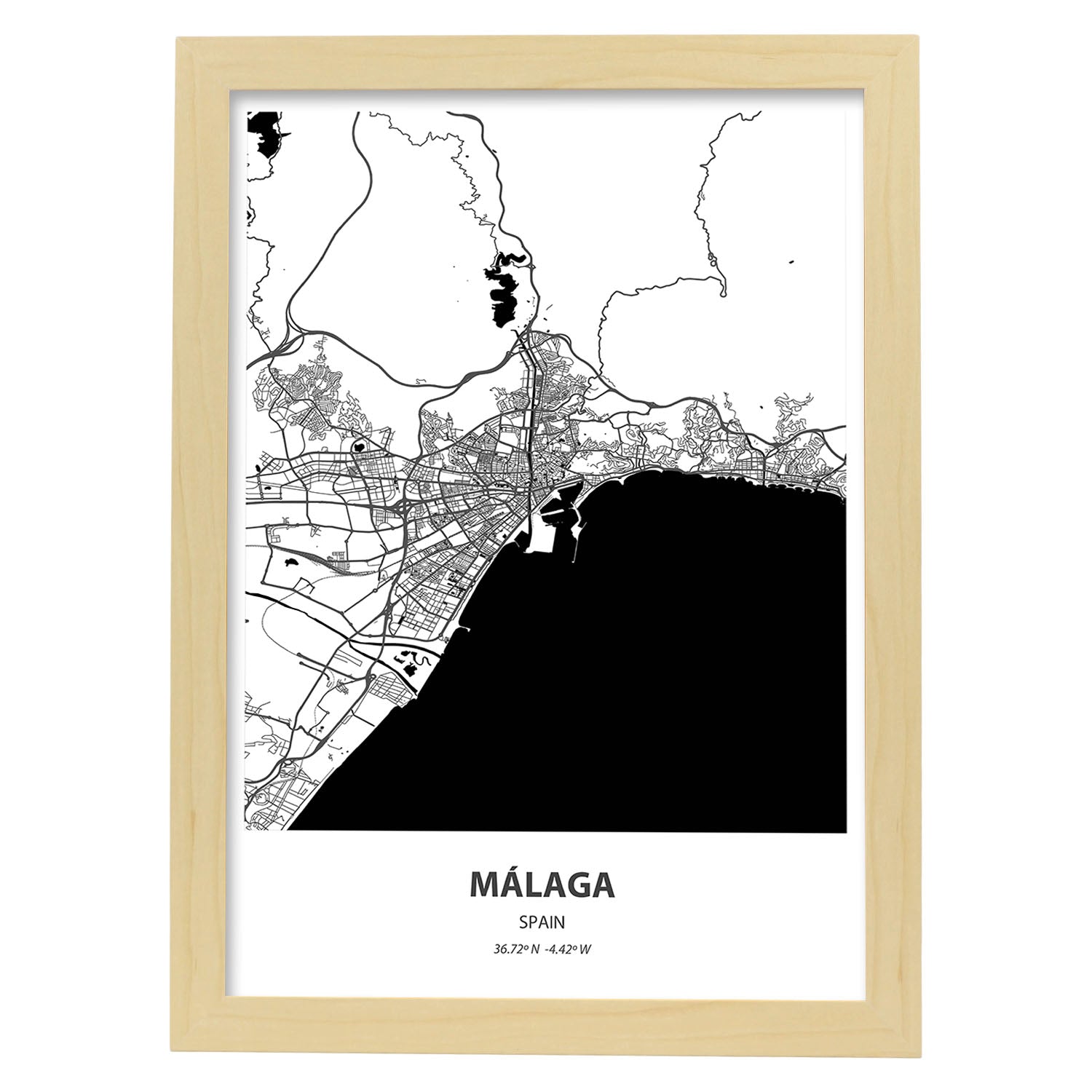 Poster con mapa de Malaga - España. Láminas de ciudades de España con mares y ríos en color negro.-Artwork-Nacnic-A3-Marco Madera clara-Nacnic Estudio SL
