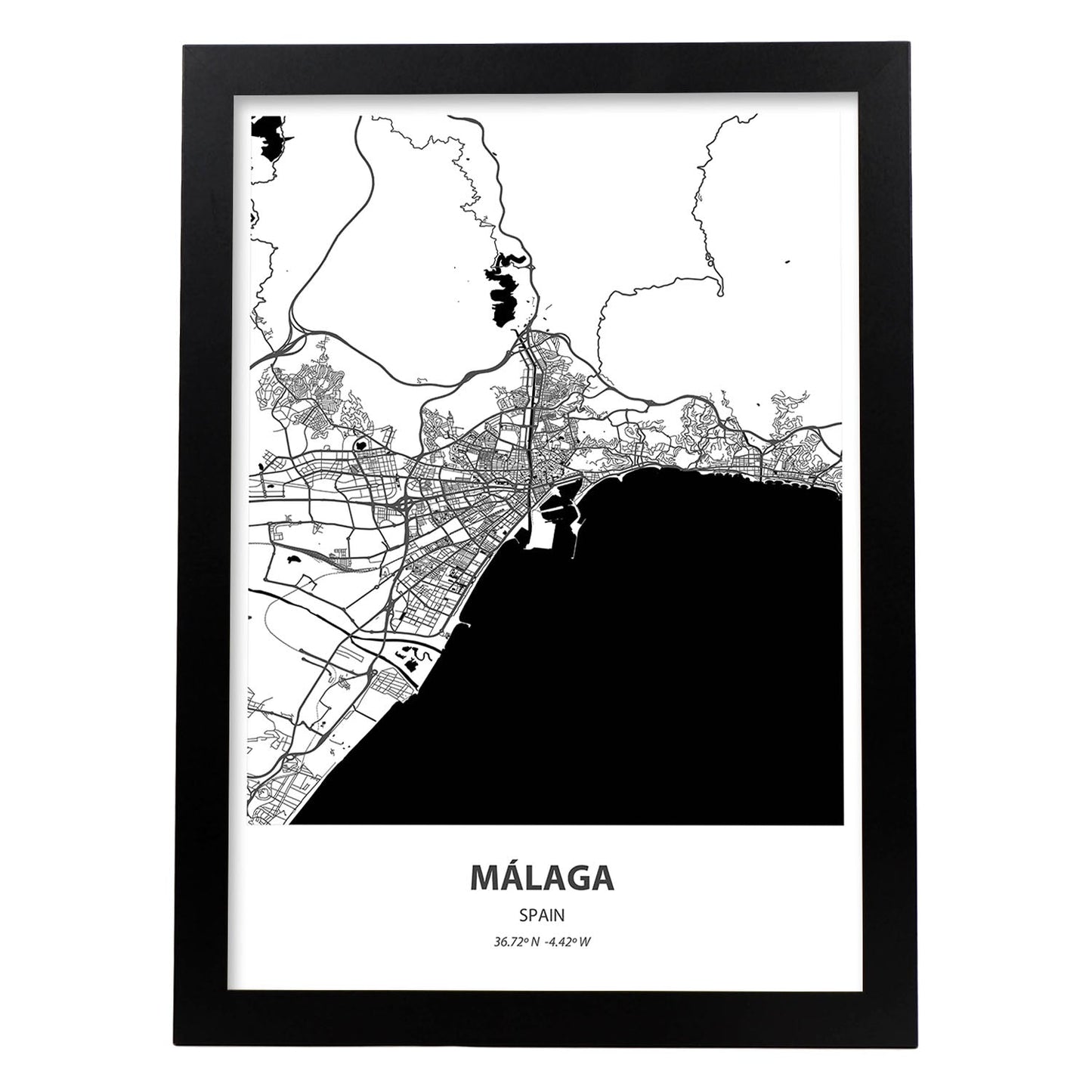 Poster con mapa de Malaga - España. Láminas de ciudades de España con mares y ríos en color negro.-Artwork-Nacnic-A3-Marco Negro-Nacnic Estudio SL