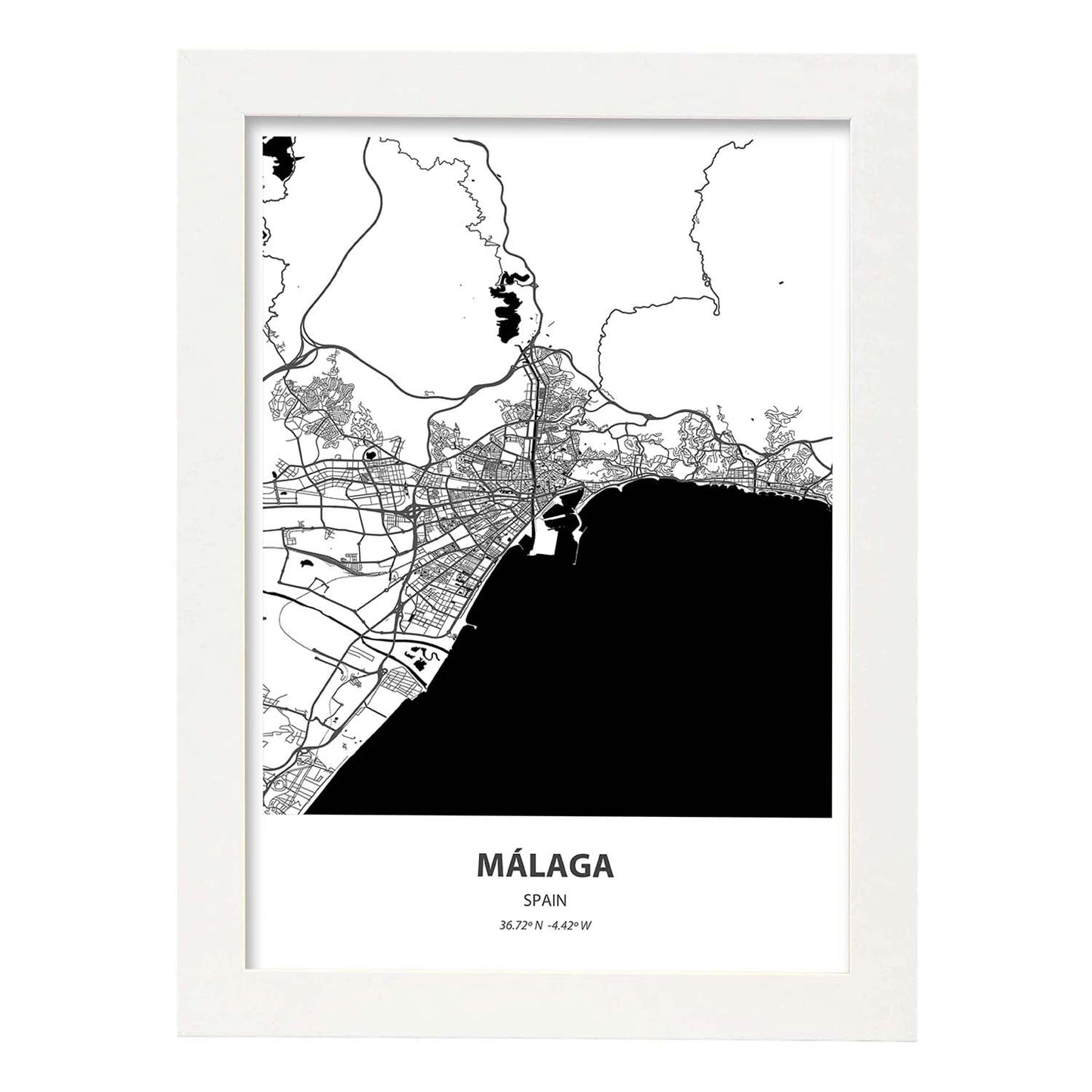 Poster con mapa de Malaga - España. Láminas de ciudades de España con mares y ríos en color negro.-Artwork-Nacnic-A4-Marco Blanco-Nacnic Estudio SL