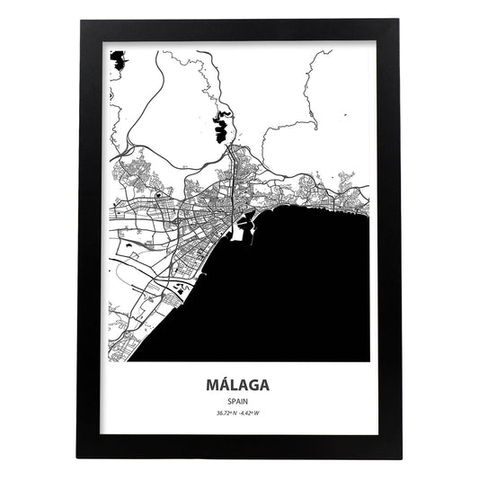Poster con mapa de Malaga - España. Láminas de ciudades de España con mares y ríos en color negro.-Artwork-Nacnic-A4-Marco Negro-Nacnic Estudio SL
