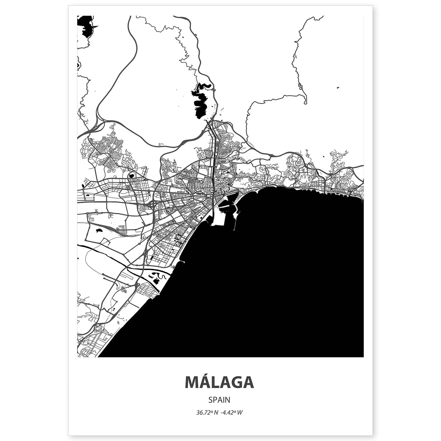 Poster con mapa de Malaga - España. Láminas de ciudades de España con mares y ríos en color negro.-Artwork-Nacnic-A4-Sin marco-Nacnic Estudio SL