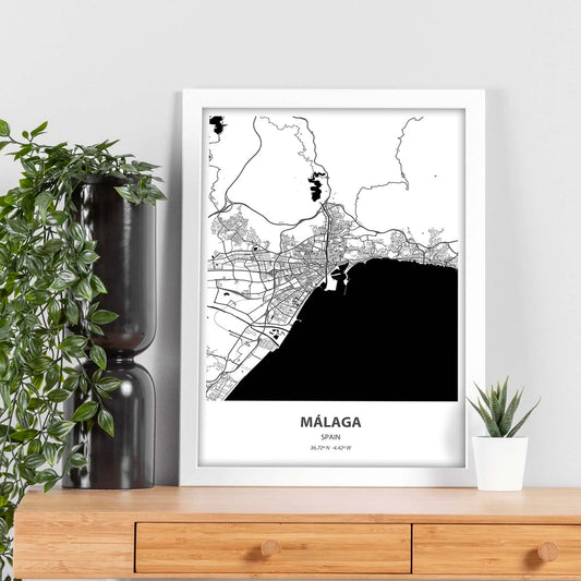 Poster con mapa de Malaga - España. Láminas de ciudades de España con mares y ríos en color negro.-Artwork-Nacnic-Nacnic Estudio SL