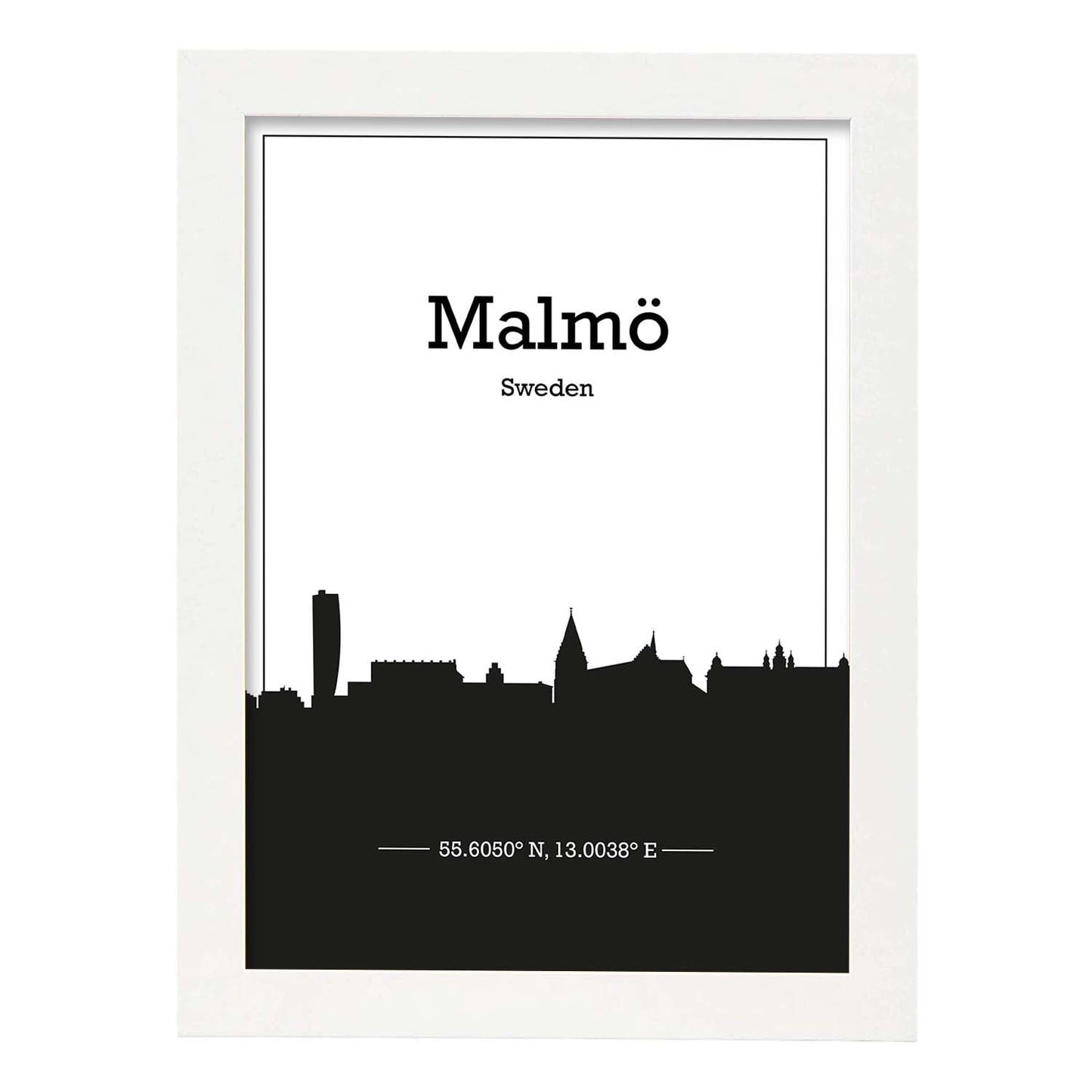 Poster con mapa de Malmo - Suecia. Láminas con Skyline de ciudades del norte de Europa con sombra negra.-Artwork-Nacnic-A3-Marco Blanco-Nacnic Estudio SL