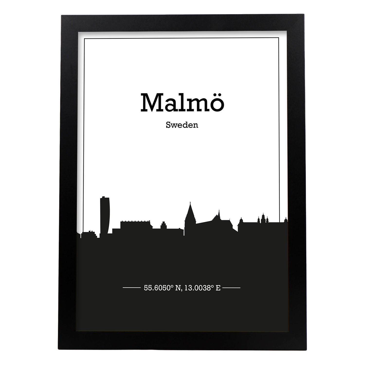 Poster con mapa de Malmo - Suecia. Láminas con Skyline de ciudades del norte de Europa con sombra negra.-Artwork-Nacnic-A3-Marco Negro-Nacnic Estudio SL