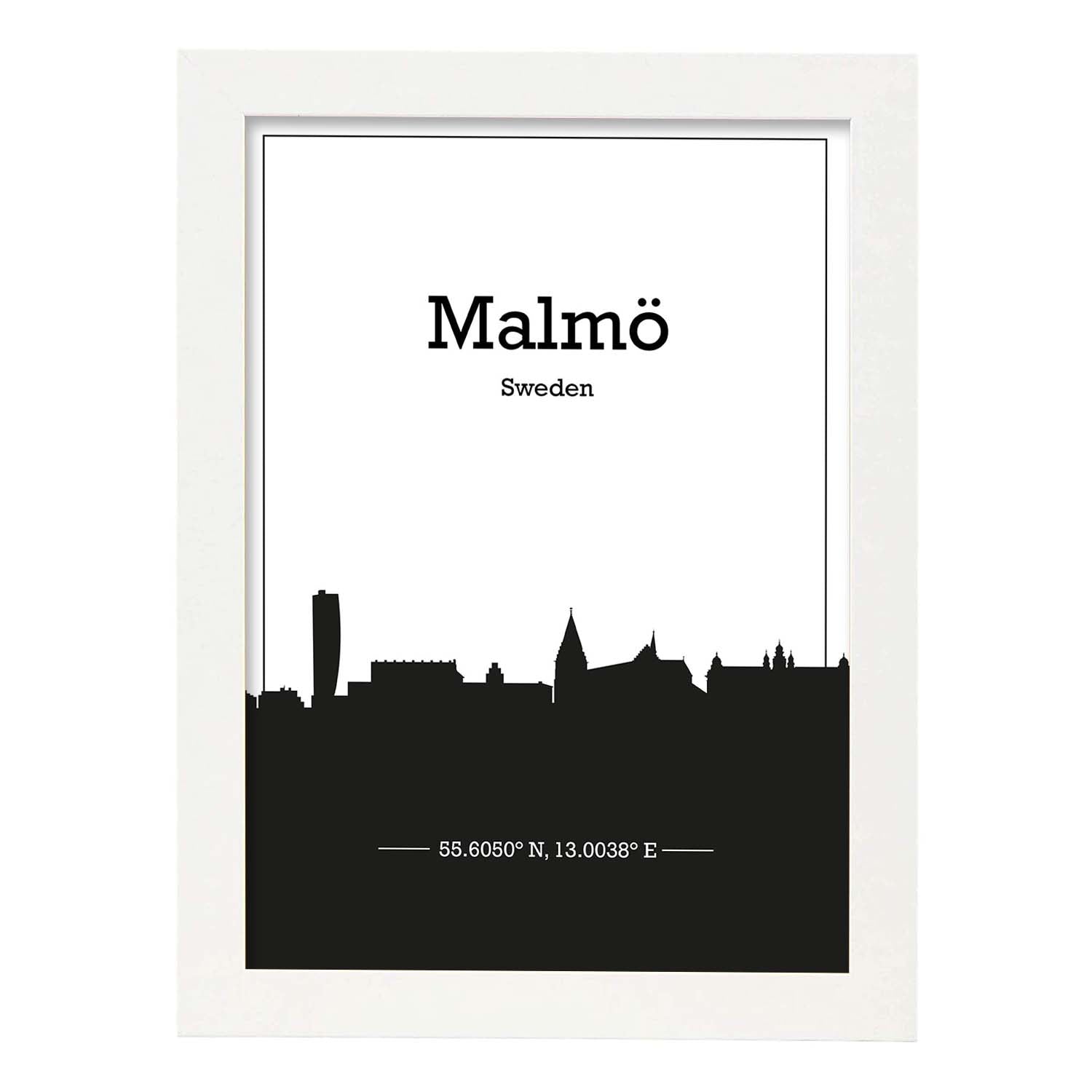 Poster con mapa de Malmo - Suecia. Láminas con Skyline de ciudades del norte de Europa con sombra negra.-Artwork-Nacnic-A4-Marco Blanco-Nacnic Estudio SL
