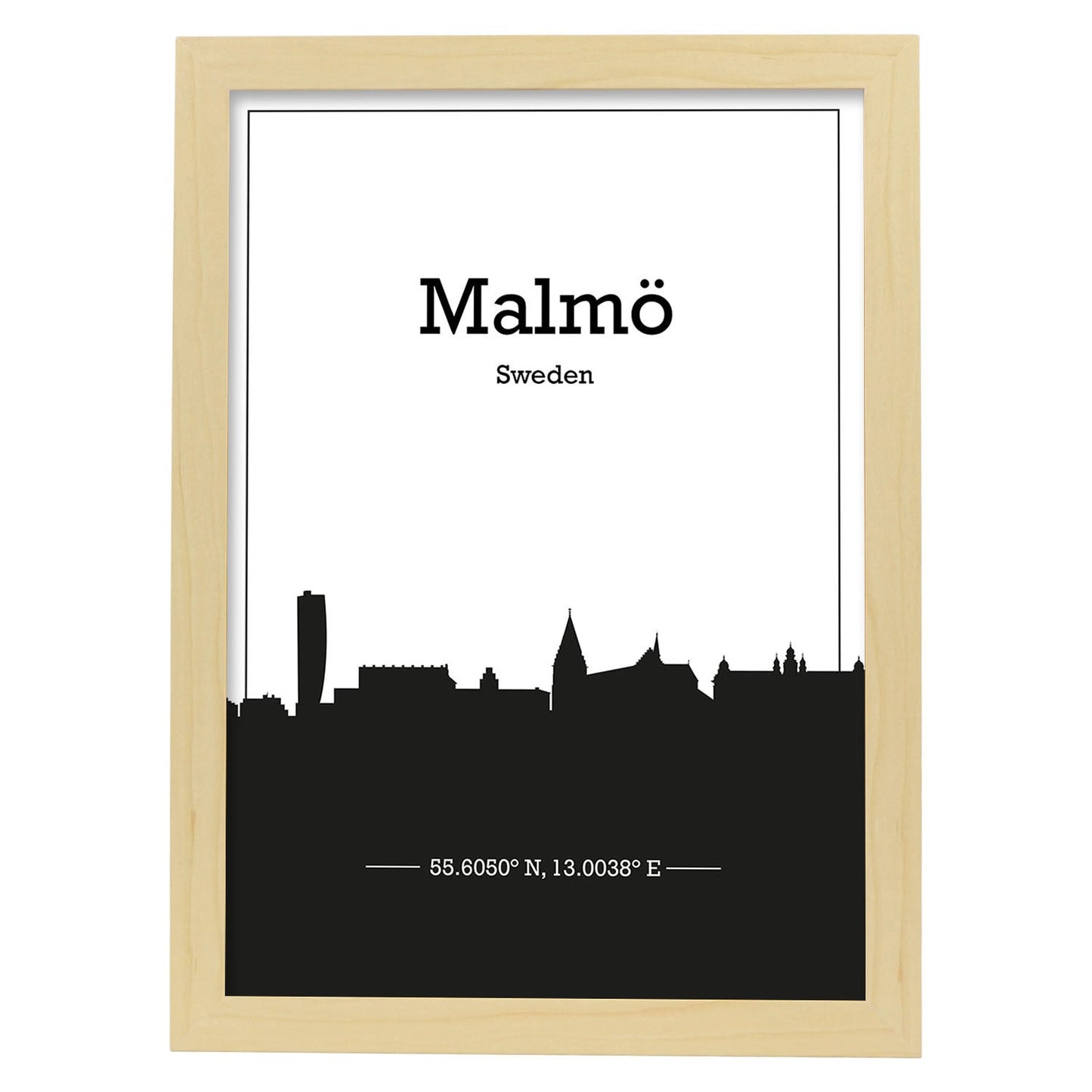 Poster con mapa de Malmo - Suecia. Láminas con Skyline de ciudades del norte de Europa con sombra negra.-Artwork-Nacnic-A4-Marco Madera clara-Nacnic Estudio SL