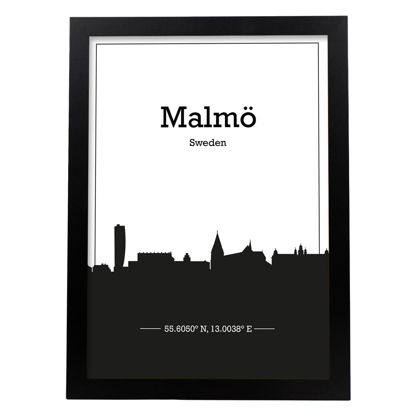Poster con mapa de Malmo - Suecia. Láminas con Skyline de ciudades del norte de Europa con sombra negra.-Artwork-Nacnic-A4-Marco Negro-Nacnic Estudio SL