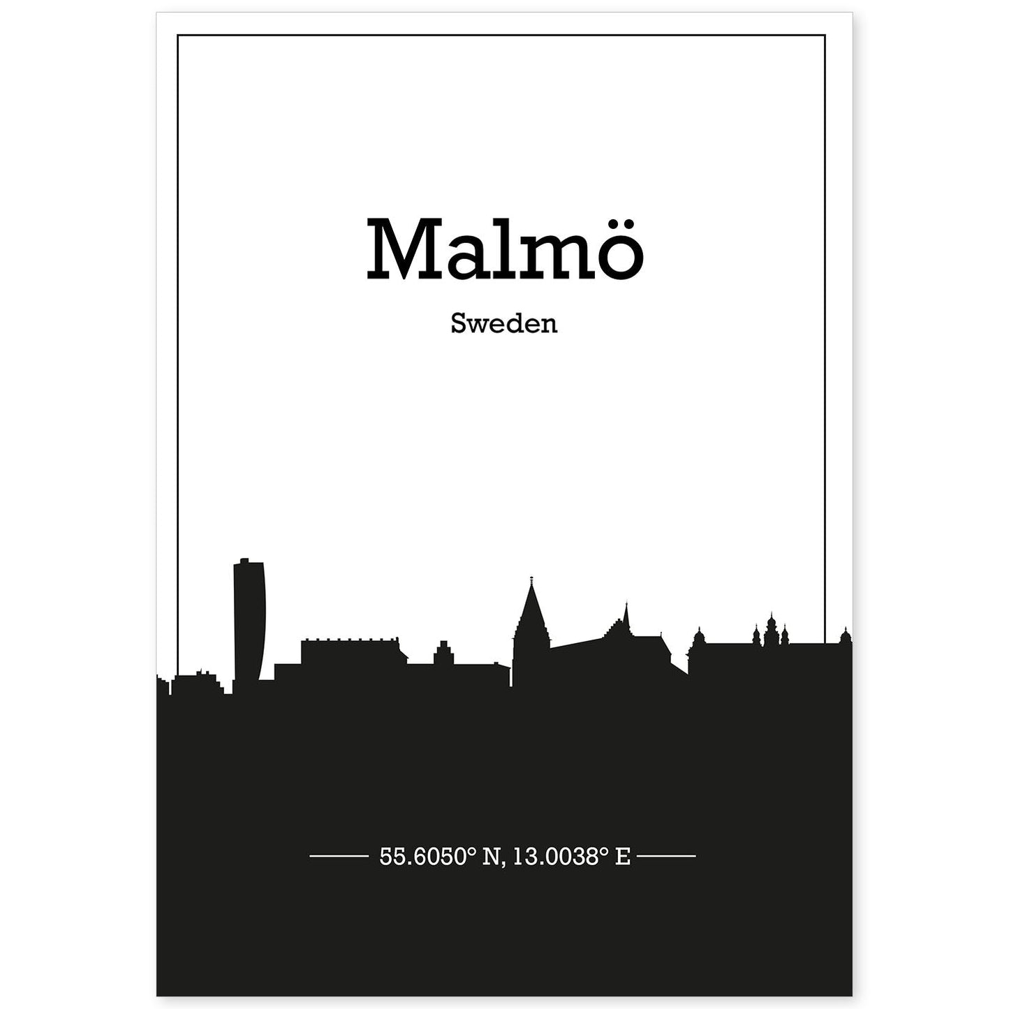 Poster con mapa de Malmo - Suecia. Láminas con Skyline de ciudades del norte de Europa con sombra negra.-Artwork-Nacnic-A4-Sin marco-Nacnic Estudio SL