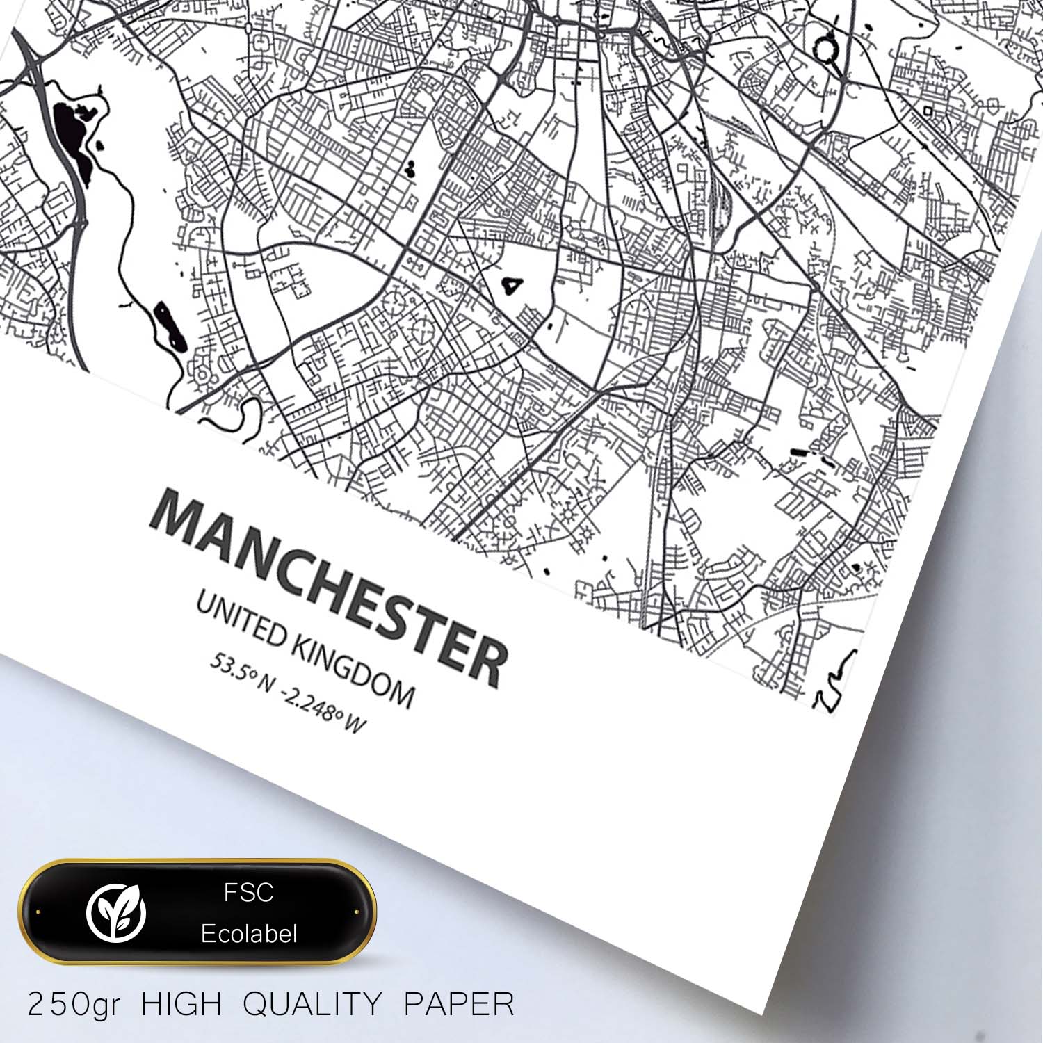 Poster con mapa de Manchester - Reino Unido. Láminas de ciudades de Reino Unido con mares y ríos en color negro.-Artwork-Nacnic-Nacnic Estudio SL