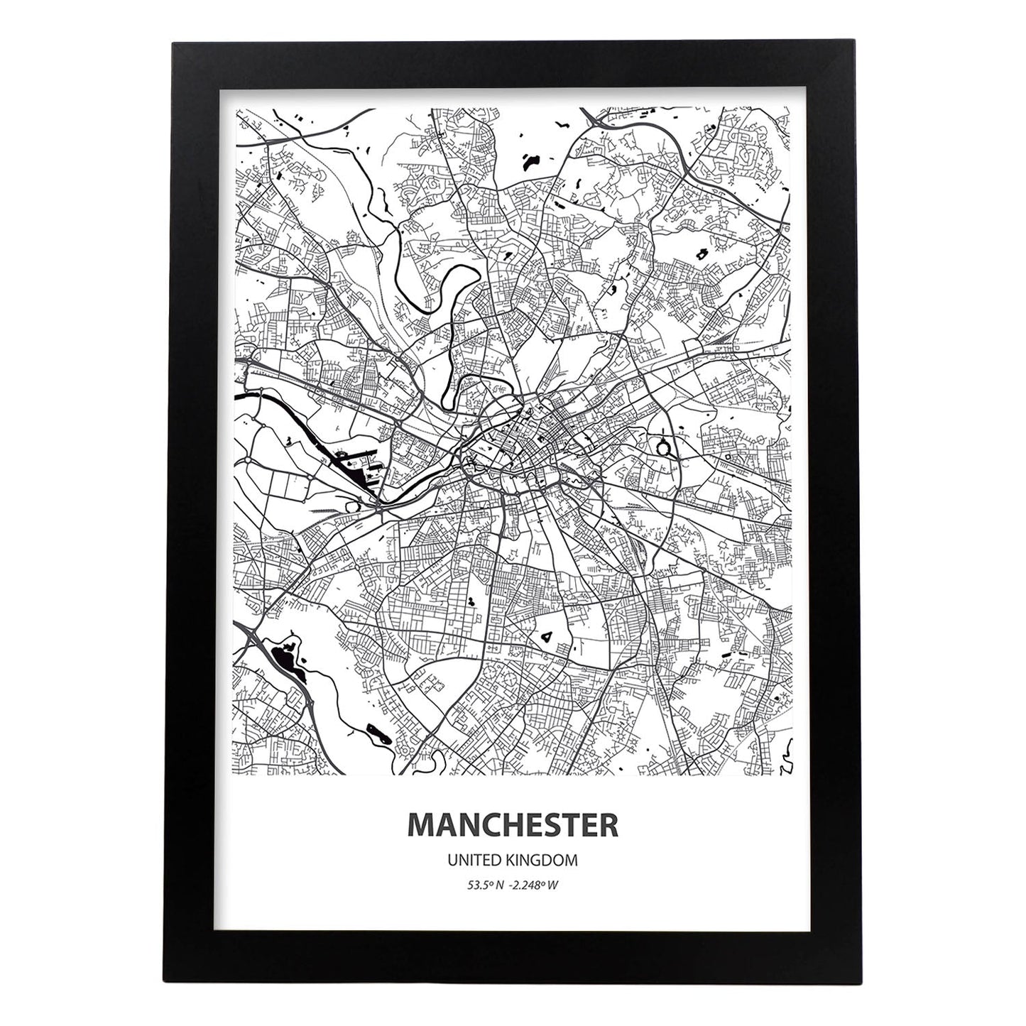 Poster con mapa de Manchester - Reino Unido. Láminas de ciudades de Reino Unido con mares y ríos en color negro.-Artwork-Nacnic-A3-Marco Negro-Nacnic Estudio SL