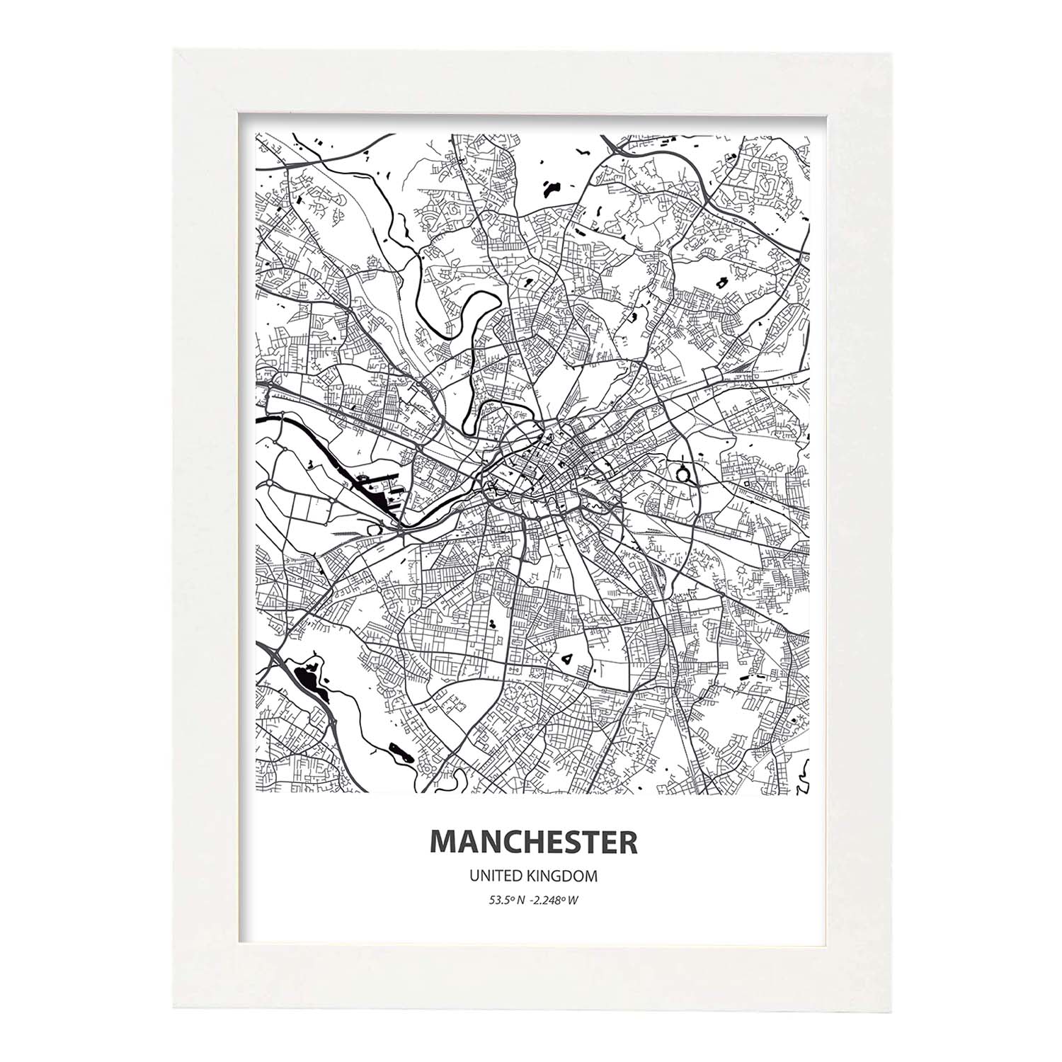 Poster con mapa de Manchester - Reino Unido. Láminas de ciudades de Reino Unido con mares y ríos en color negro.-Artwork-Nacnic-A4-Marco Blanco-Nacnic Estudio SL