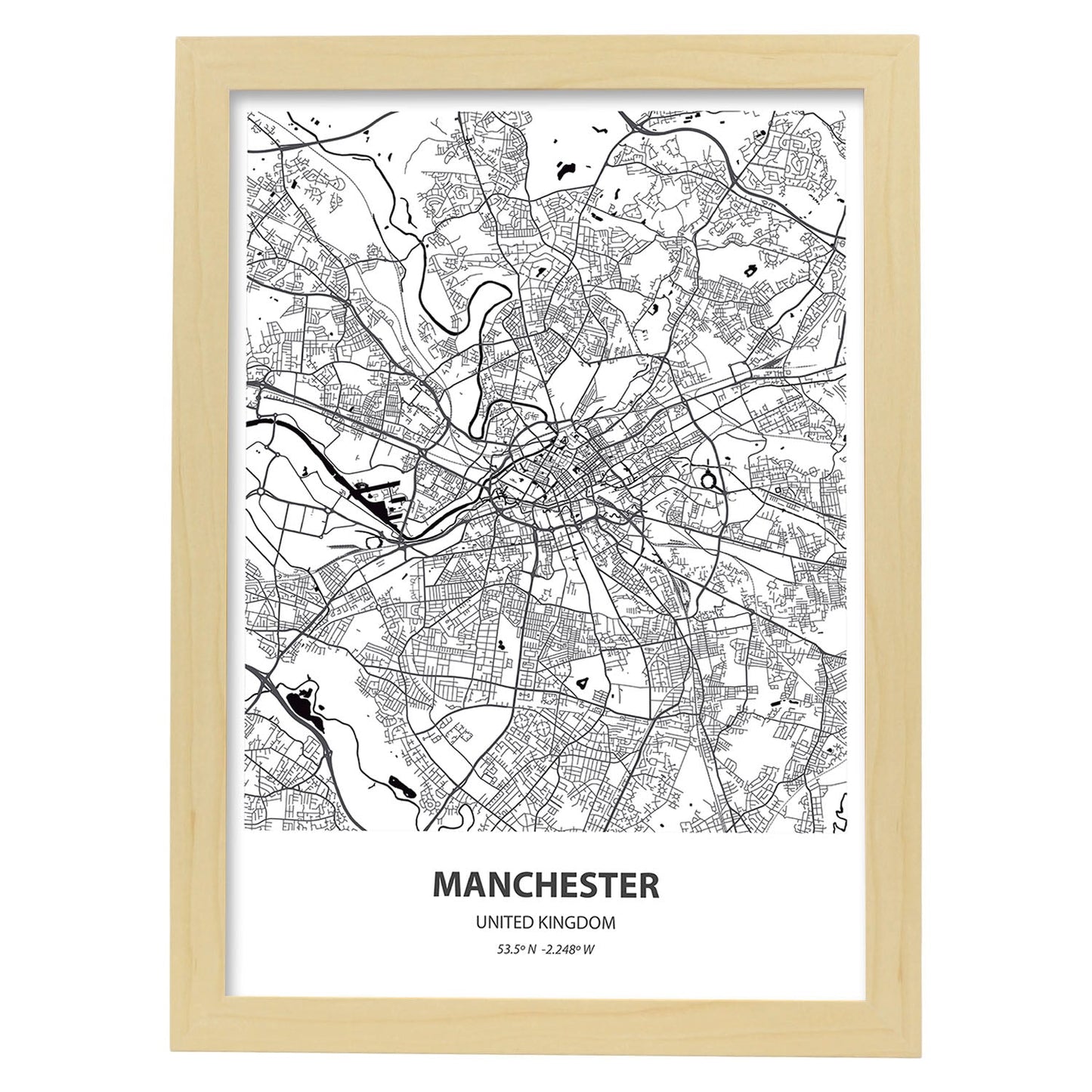 Poster con mapa de Manchester - Reino Unido. Láminas de ciudades de Reino Unido con mares y ríos en color negro.-Artwork-Nacnic-A4-Marco Madera clara-Nacnic Estudio SL